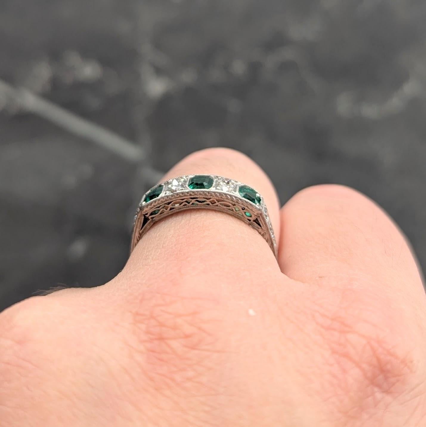 Art Deco 1.05 CTW Emerald Diamond Platinum Vintage Band Ring