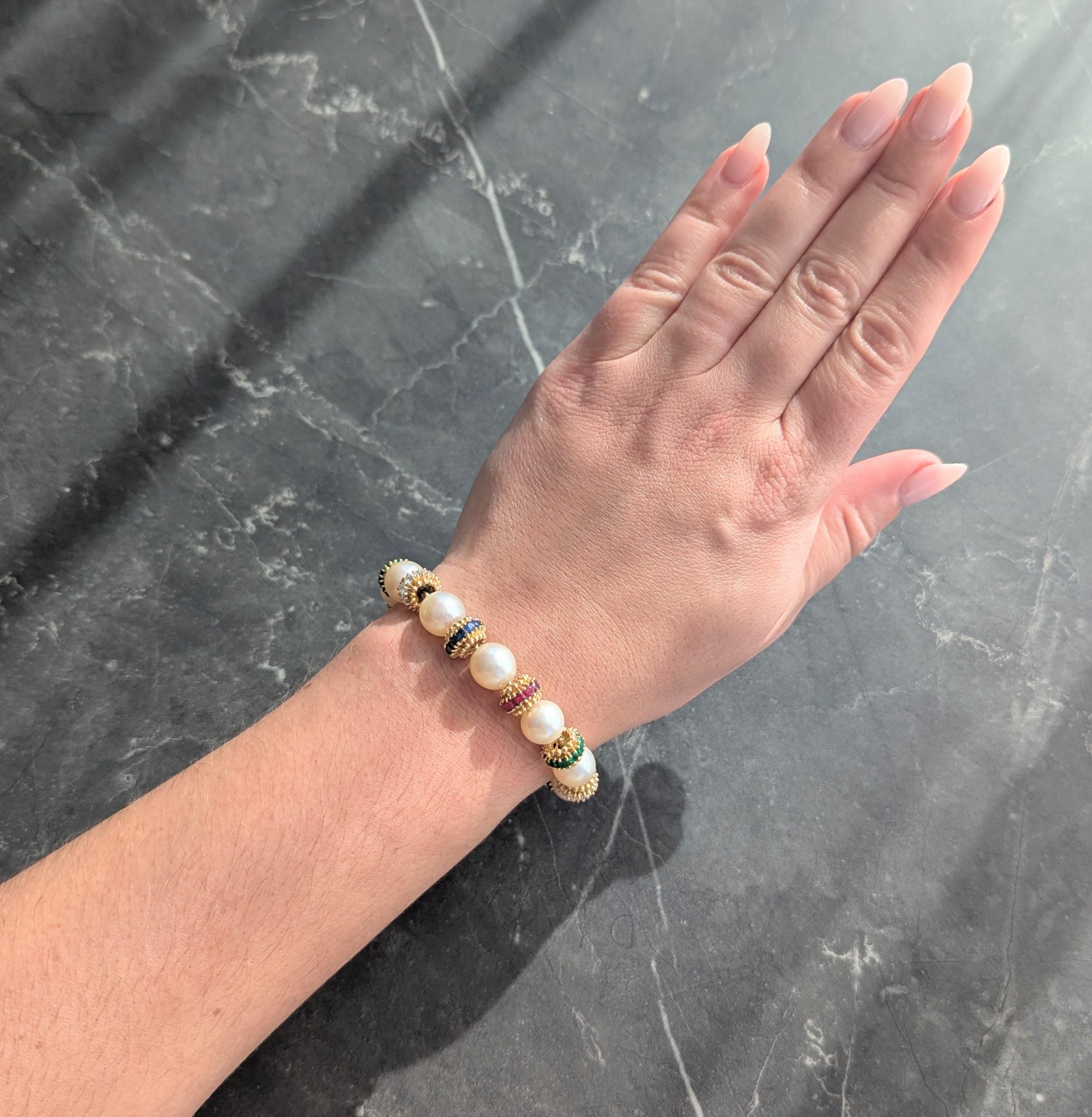 Van Cleef & Arpels 1980's Pearl Multi-Gem 18K Gold Convertible Bracelet Set
