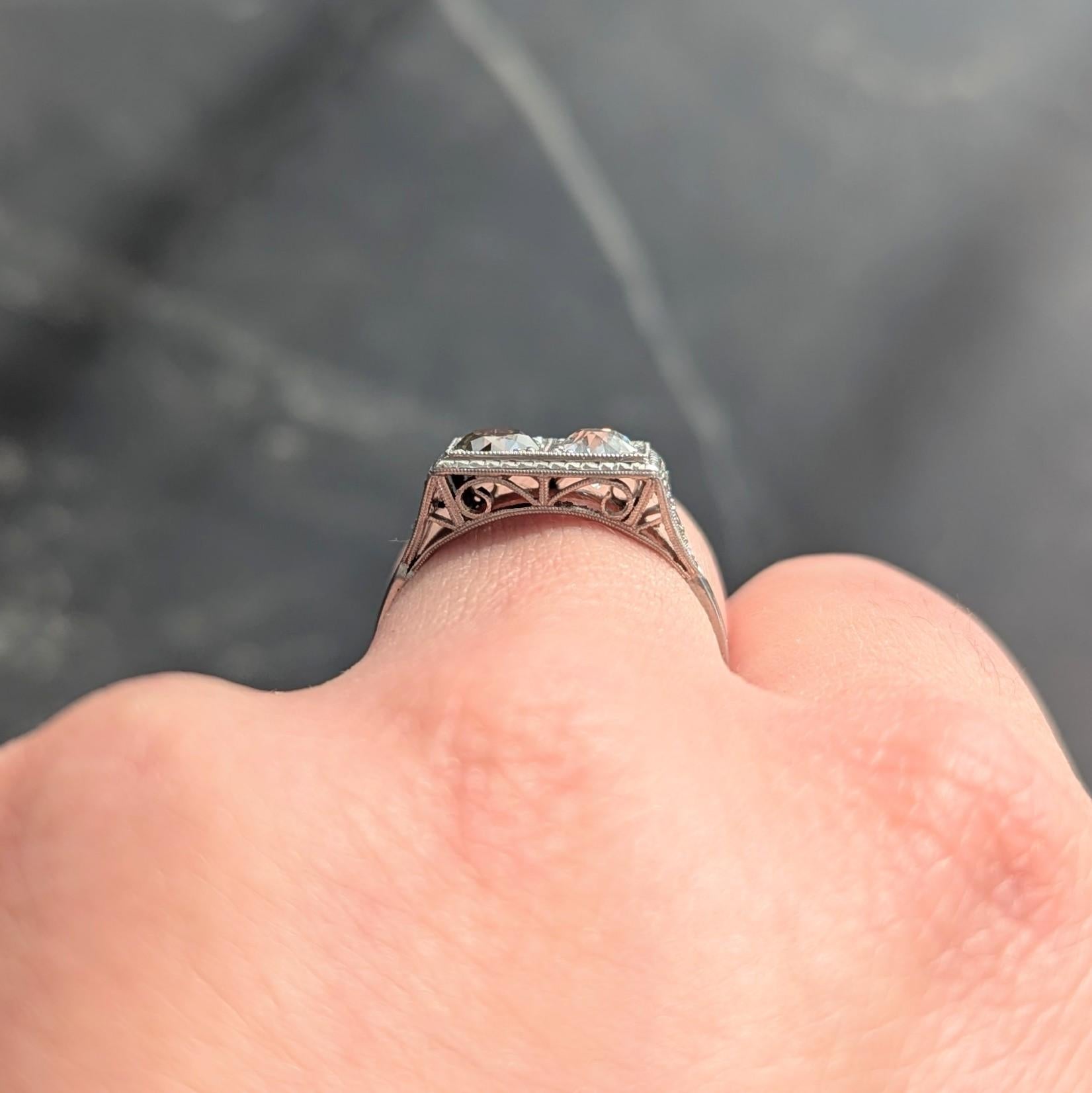 Art Deco Fancy Diamond Platinum Vintage Toi Et Moi Heart Engagement Ring