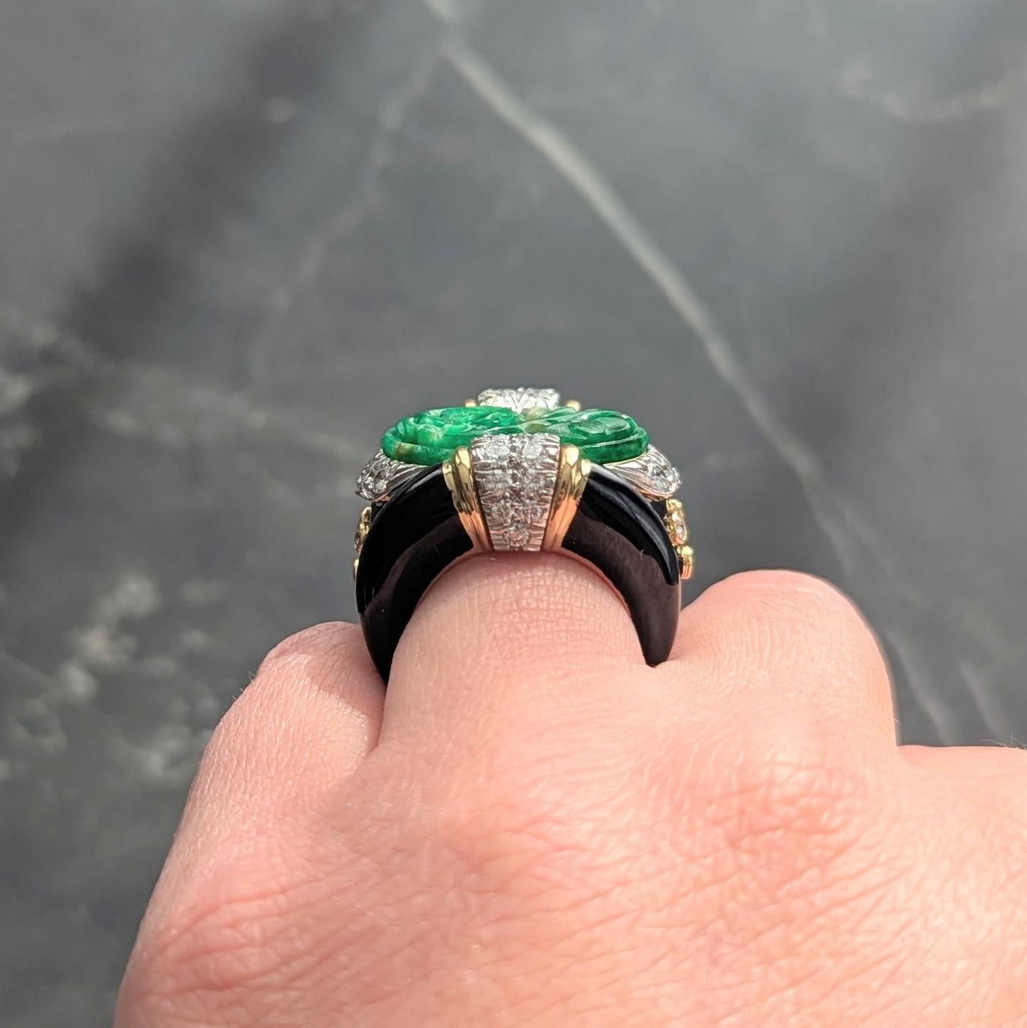 David Webb 1980's Jade Diamond Enamel Platinum 18K Gold Floral Vintage Band Ring