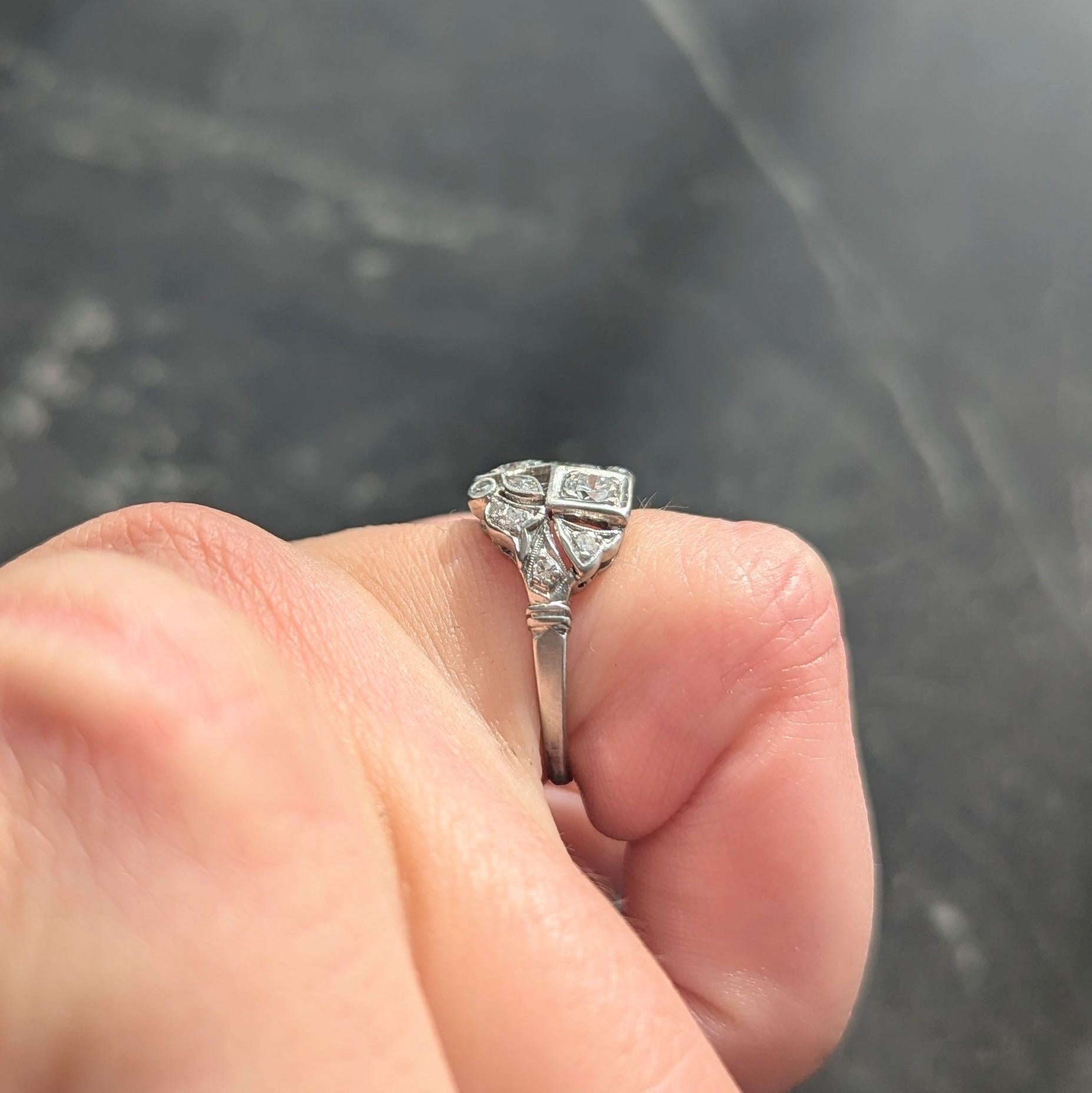 Art Deco Old European Cut Diamond Platinum Vintage Foliate Cluster Ring