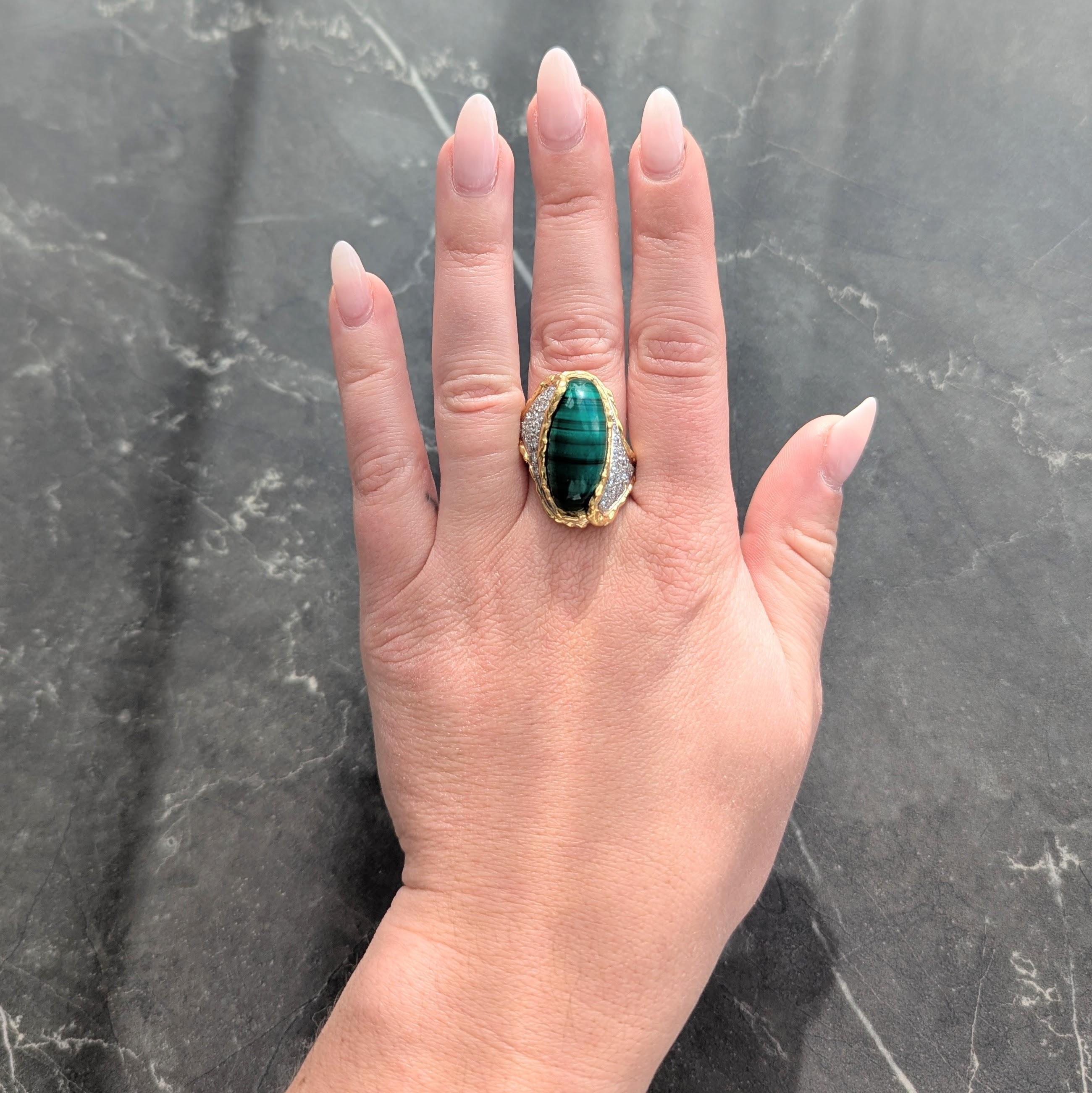 Chaumet French 1960's Malachite Diamond Platinum 18K Gold Vintage Brutalist Ring