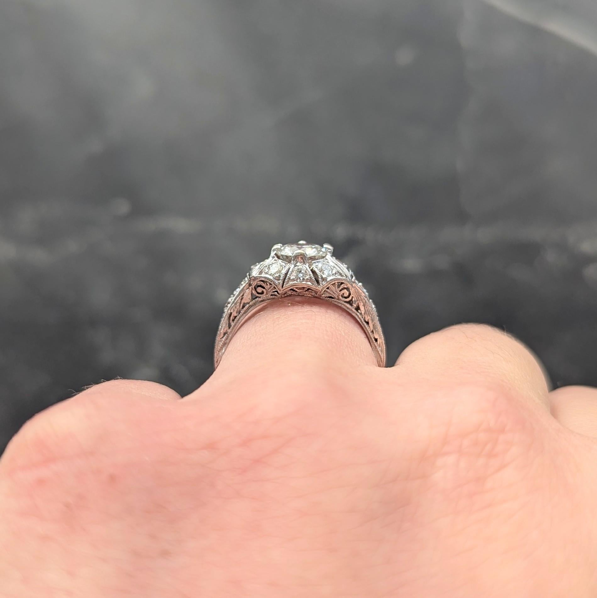 Art Deco Old European Diamond Platinum Vintage Scrolling Palm Engagement Ring