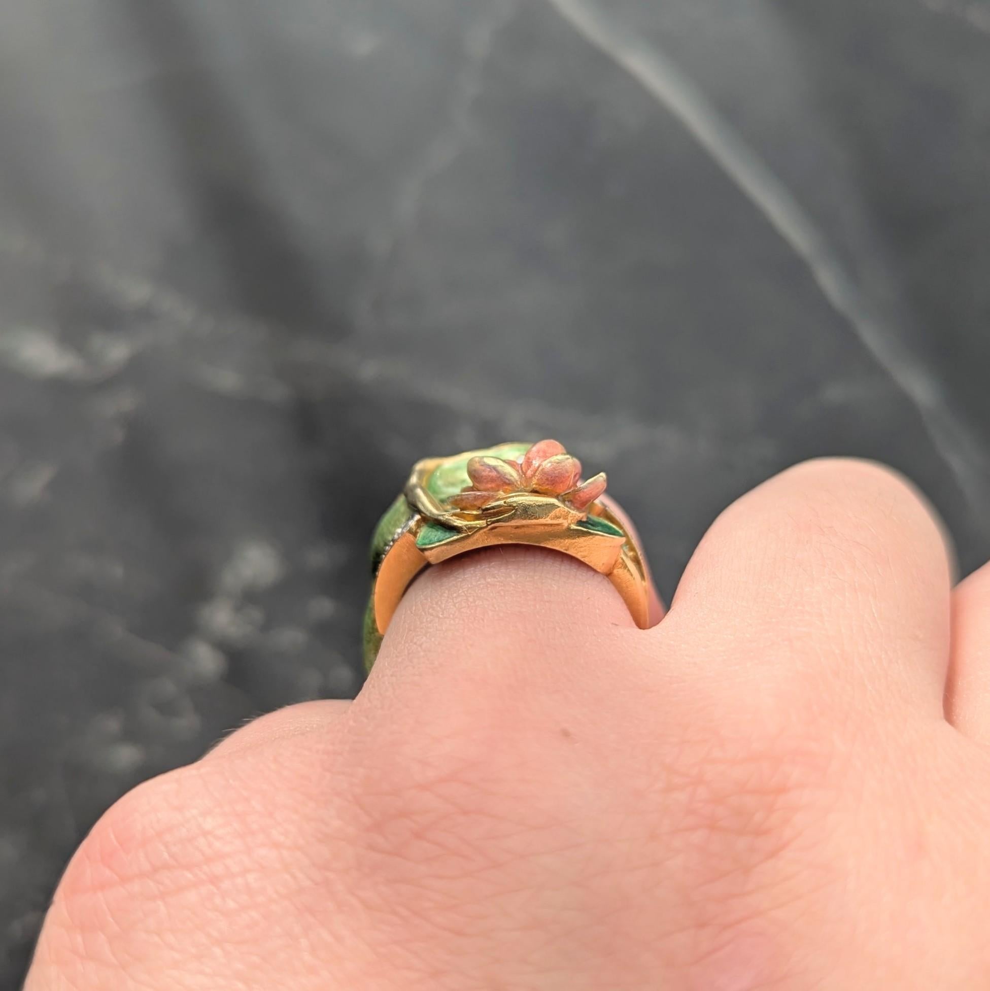 Masriera Contemporary Diamond Enamel 18K Gold Platinum Frog Water Lily Ring