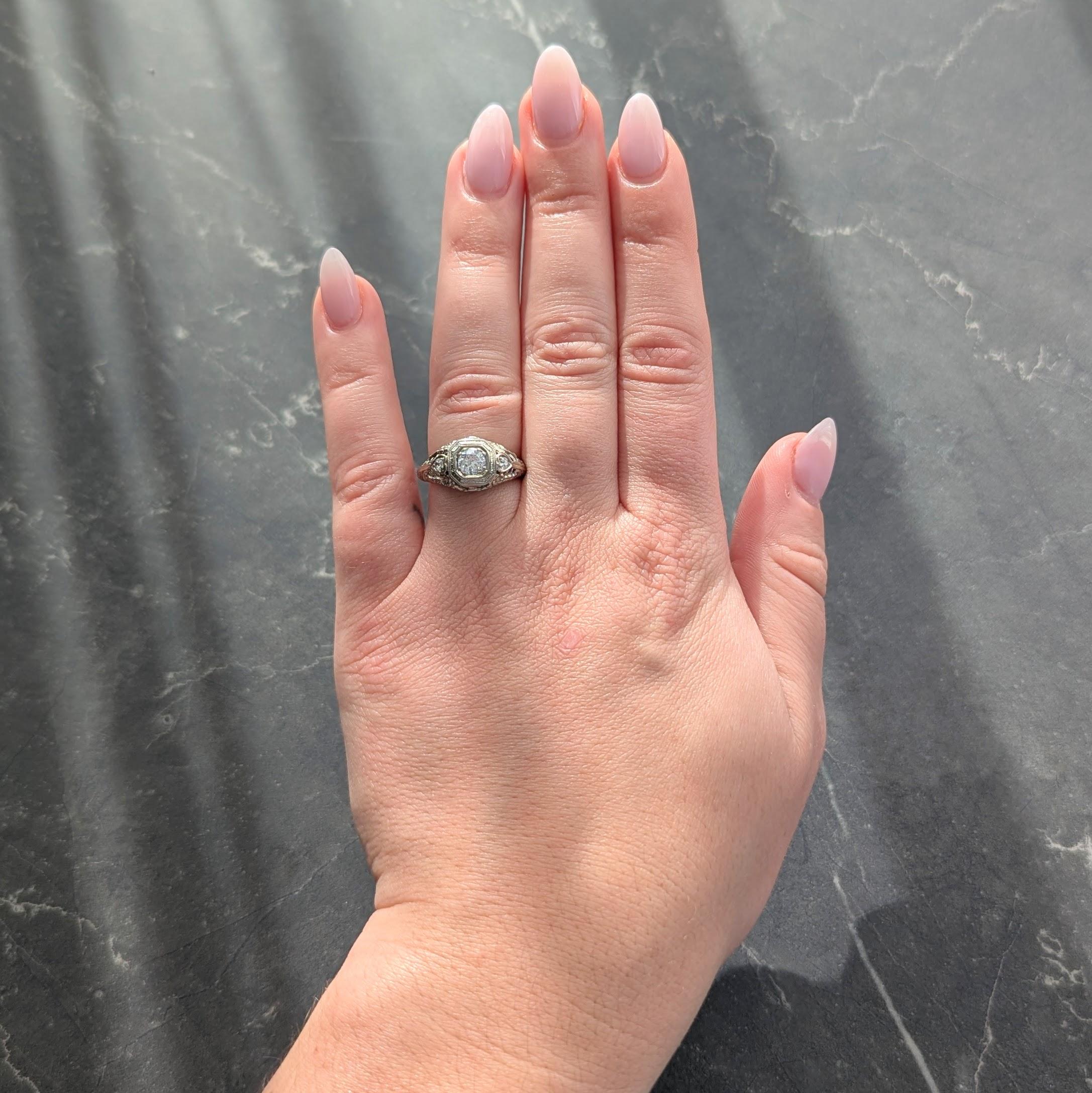 Art Deco Old European Diamond 18K White Gold Antique Heart Engagement Ring