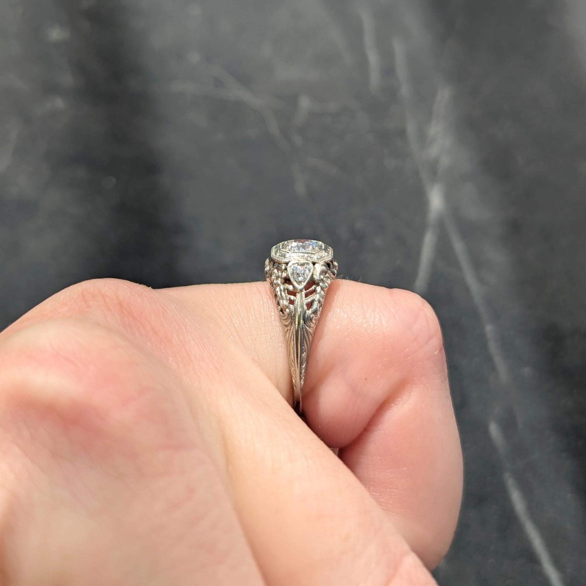 Art Deco Old European Diamond 18K White Gold Antique Heart Engagement Ring