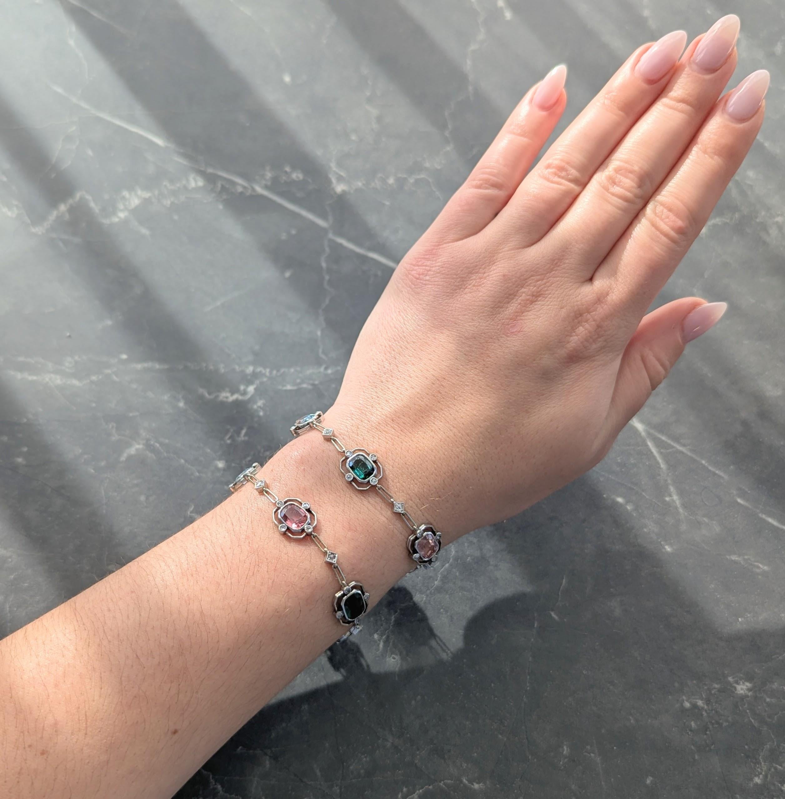 Art Deco Diamond Multi-Gem Platinum 18K Antique Quatrefoil Link Bracelet Set