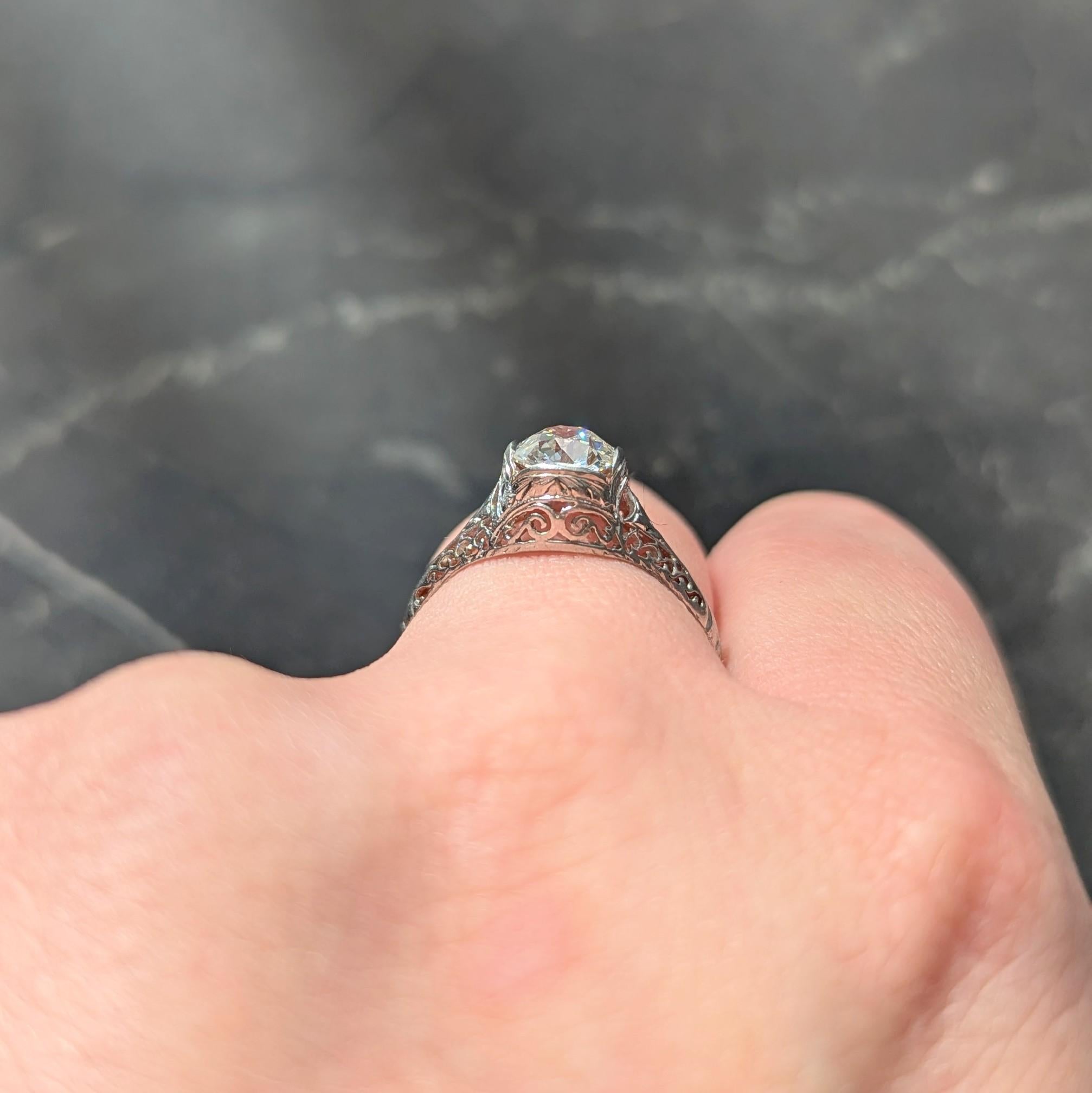 Art Deco Old Mine Cut Diamond Platinum Arching Scroll Antique Engagement Ring