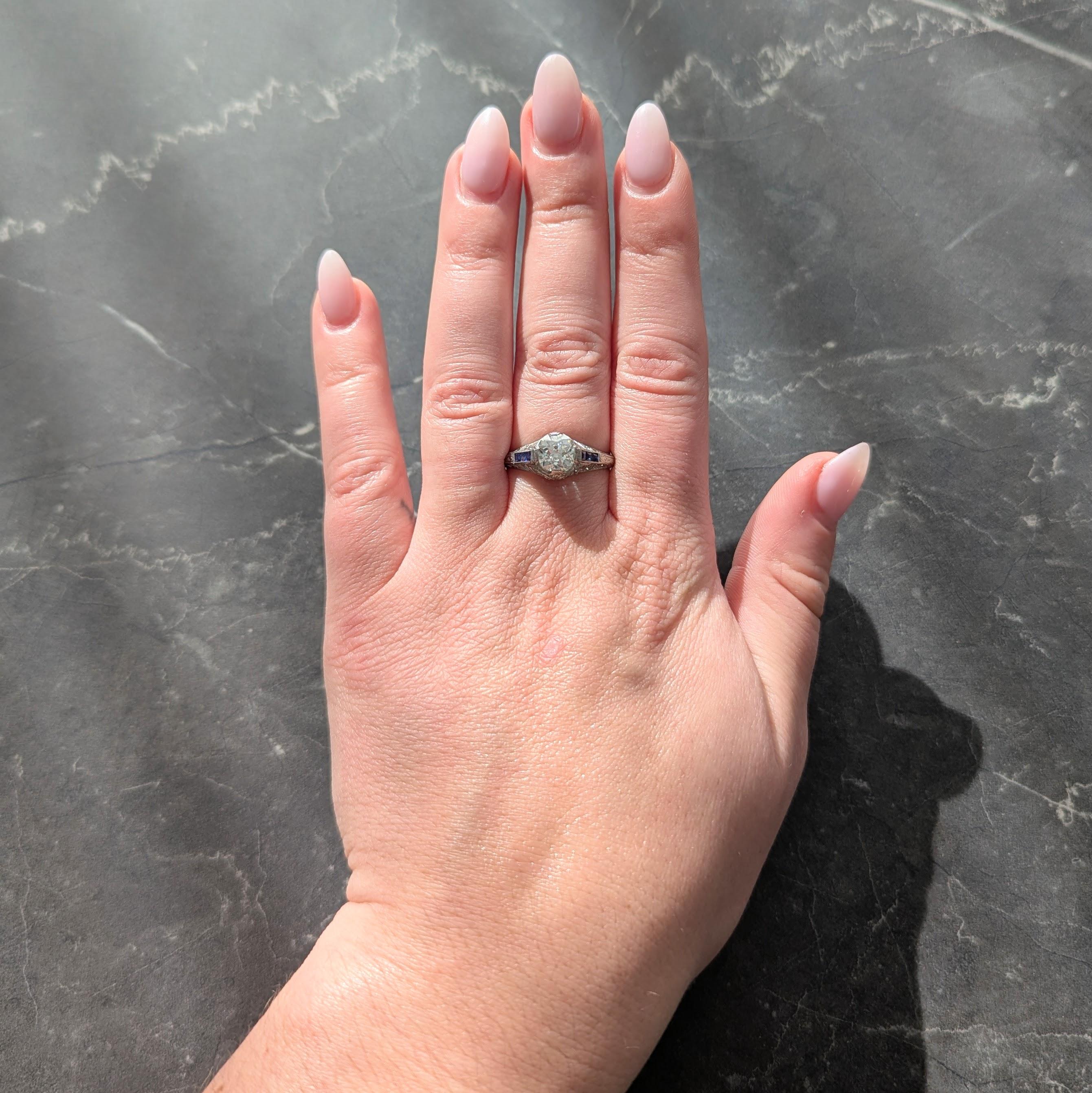 Art Deco 1.52 CTW Old Mine Cut Diamond Sapphire Platinum Vintage Engagement Ring