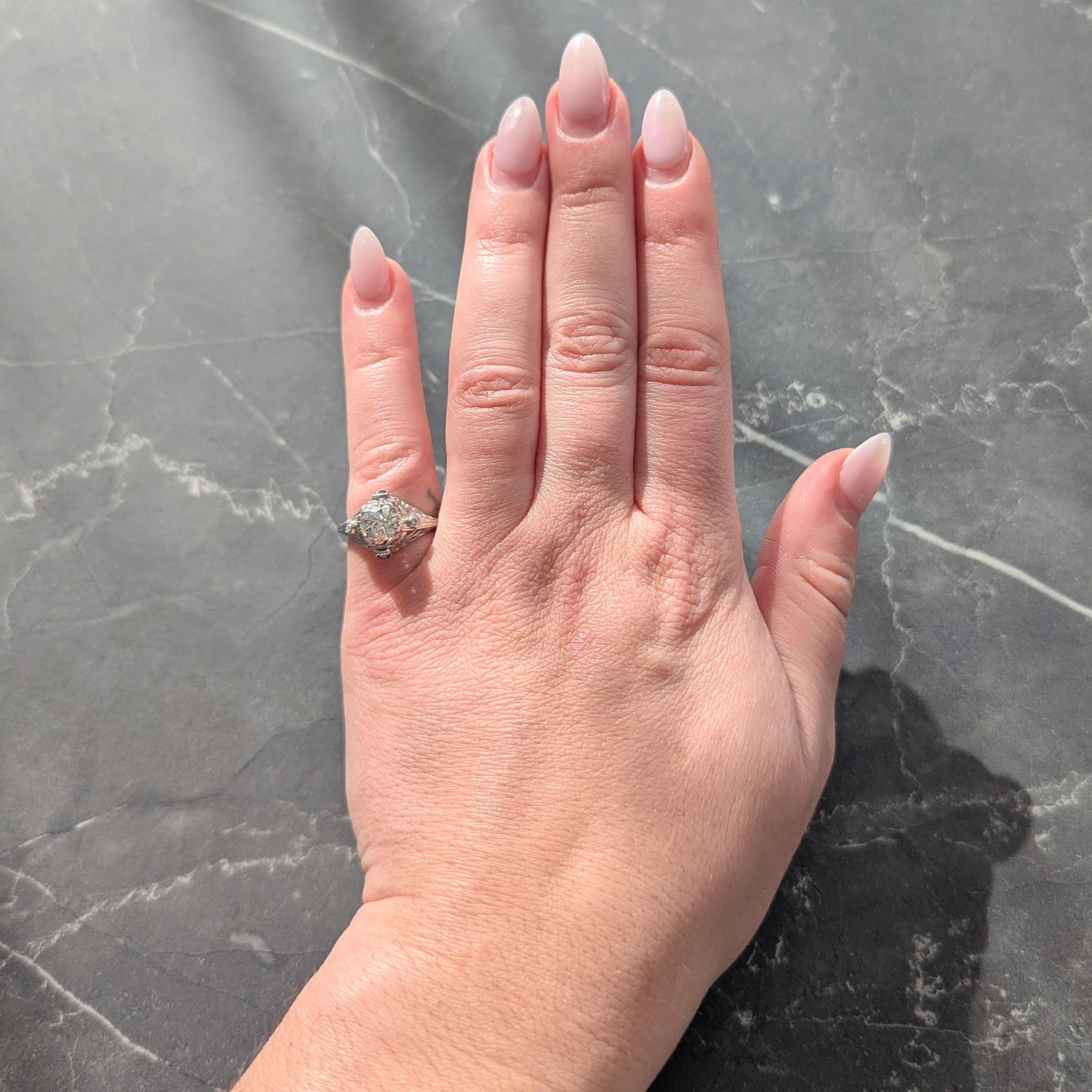 Art Deco Old European Diamond Sapphire 18K White Gold Vintage Engagement Ring