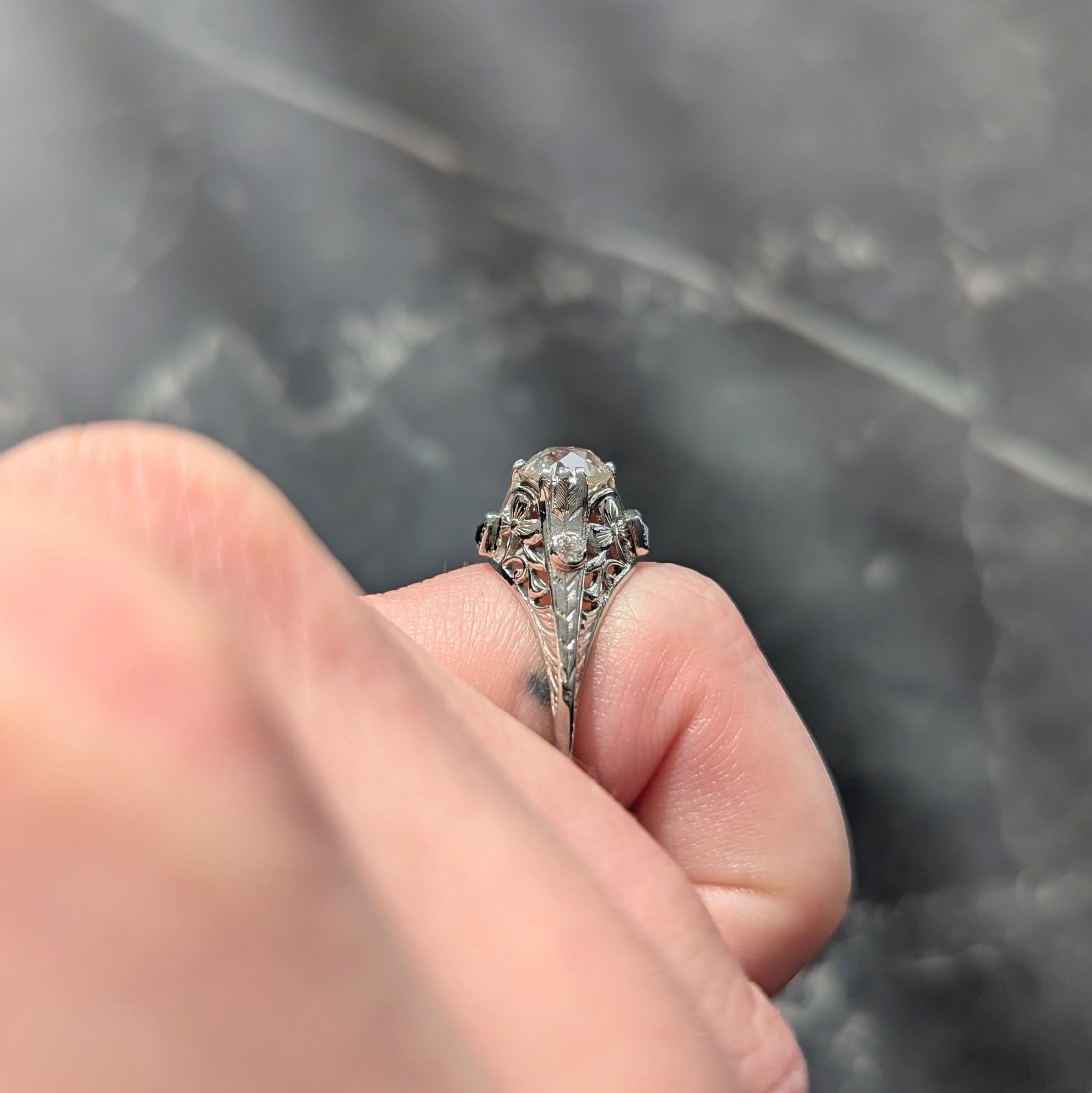 Art Deco Old European Diamond Sapphire 18K White Gold Vintage Engagement Ring