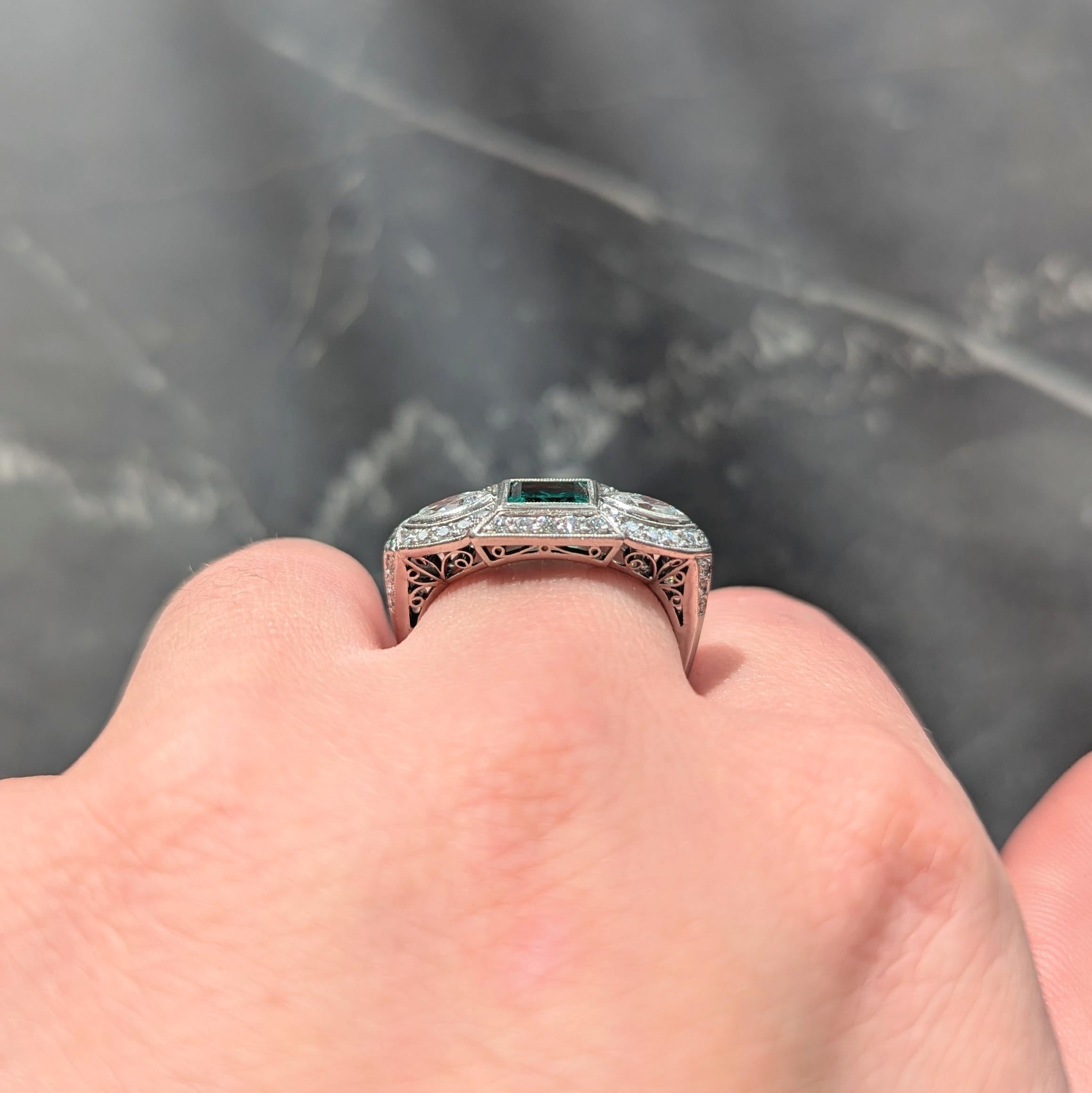 Art Deco 2.25 CTW Emerald Diamond Platinum Vintage Scrolling Halo Ring