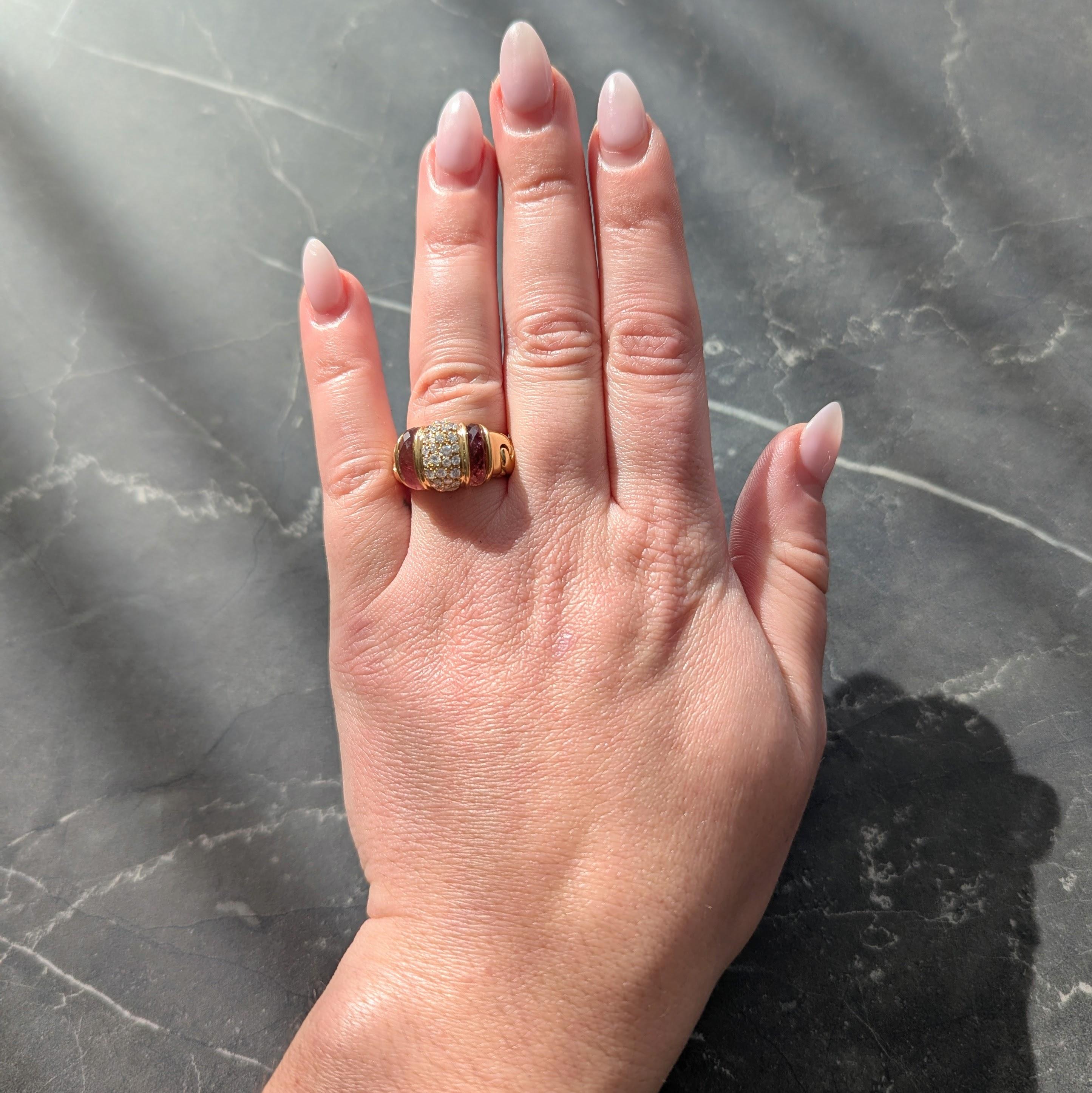 Bulgari 1990's Diamond Tourmaline 18 Karat Yellow Gold Vintage Passo Doppio Ring