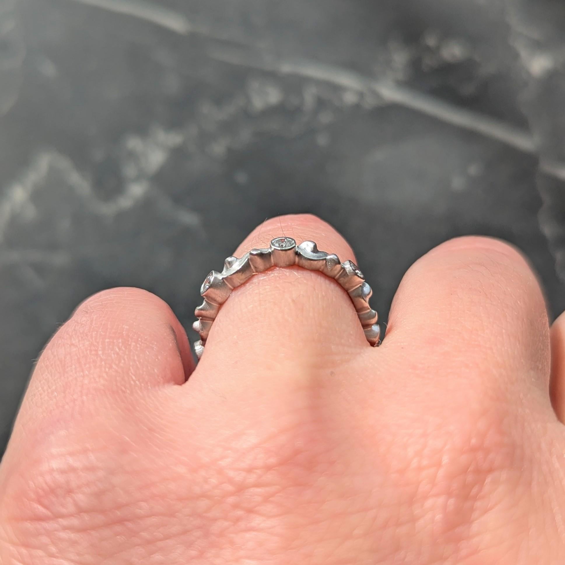 1990's Diamond 14 Karat White Gold Vintage Scrolling Bezel Band Ring