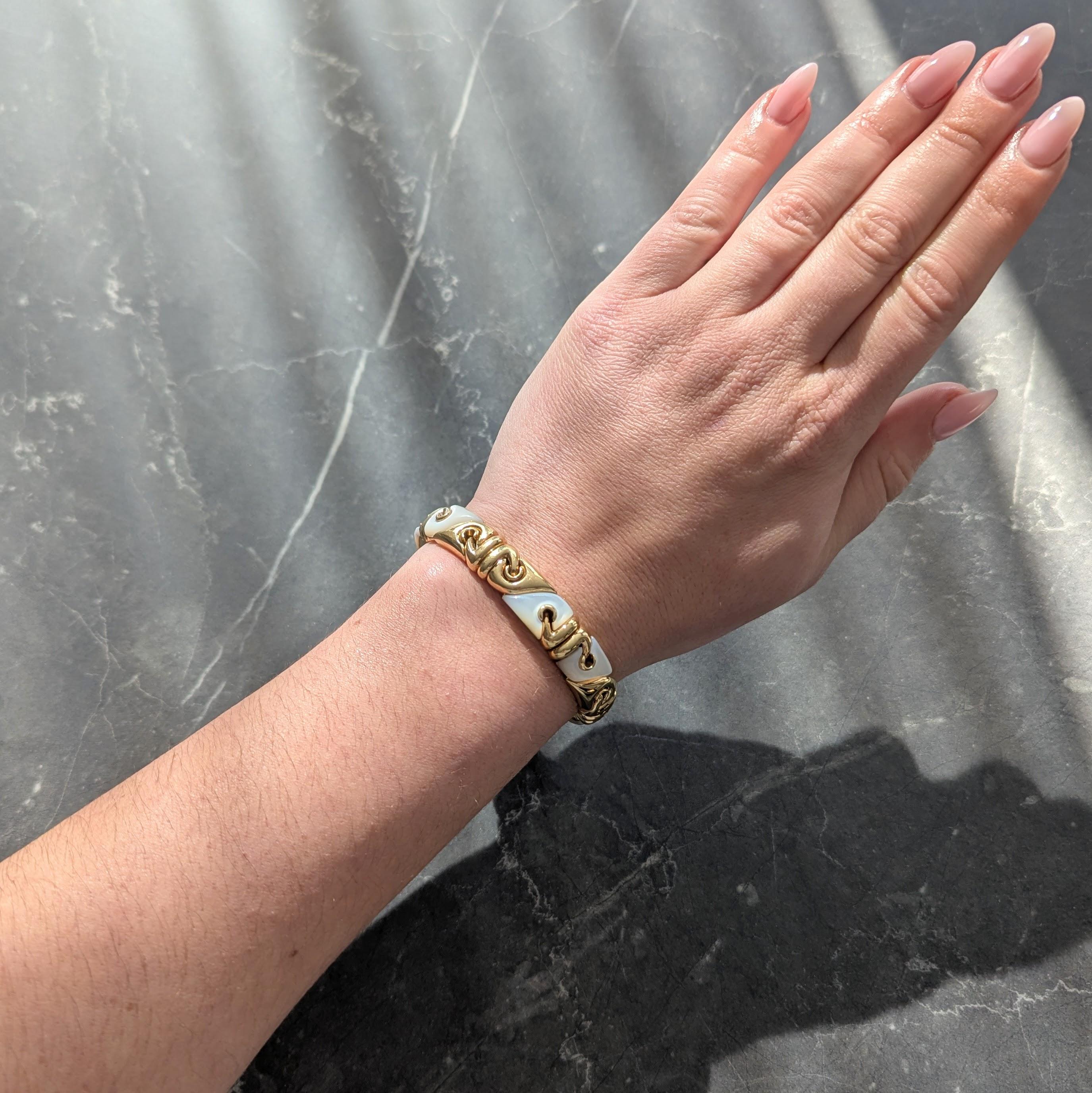 Bulgari 1990's Mother-Of-Pearl 18K Gold Vintage Inlay Passo Doppio Cuff Bracelet