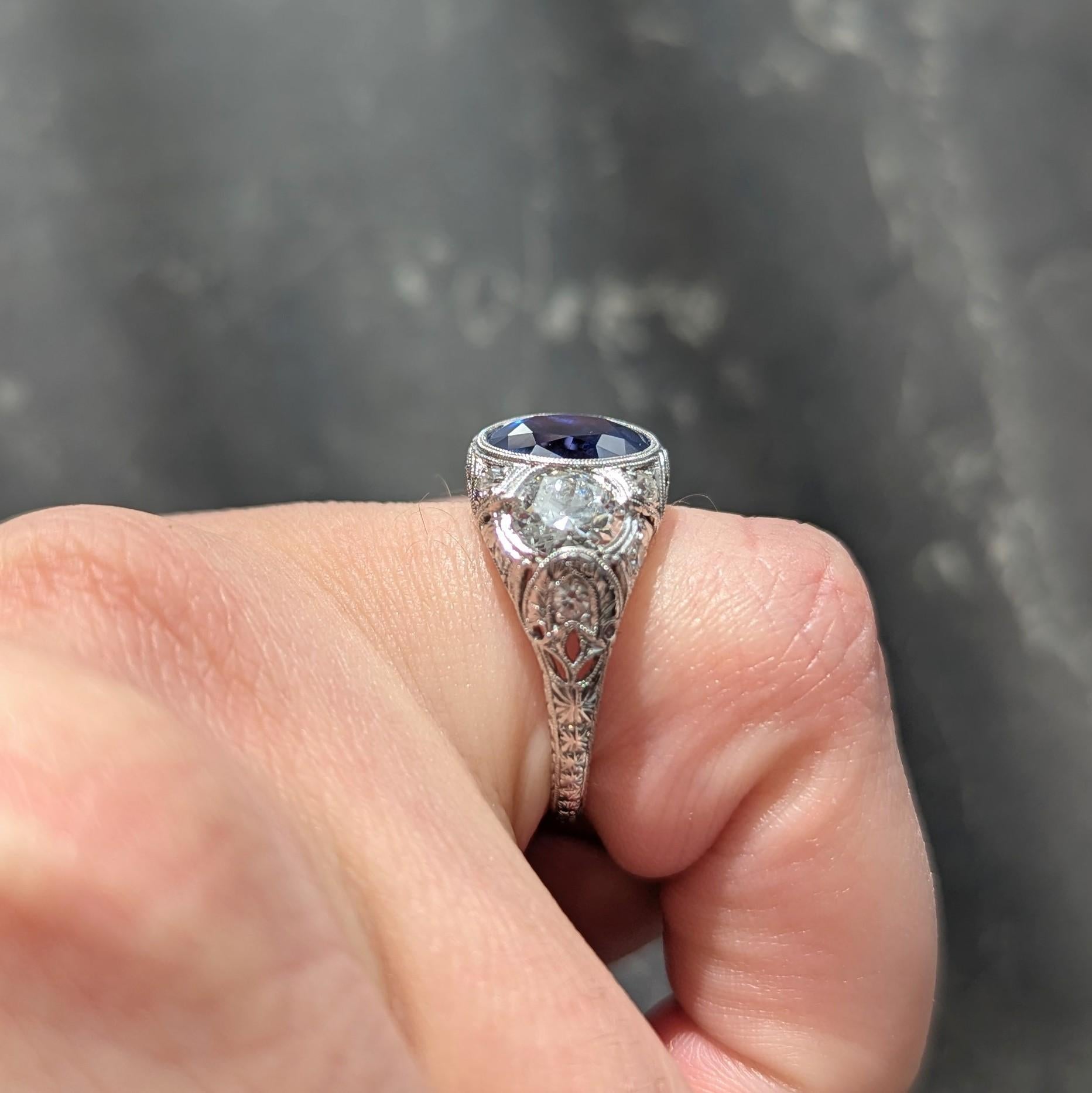 Art Deco 4.90 CTW No Heat Ceylon Sapphire Diamond Platinum Antique Ring AGL
