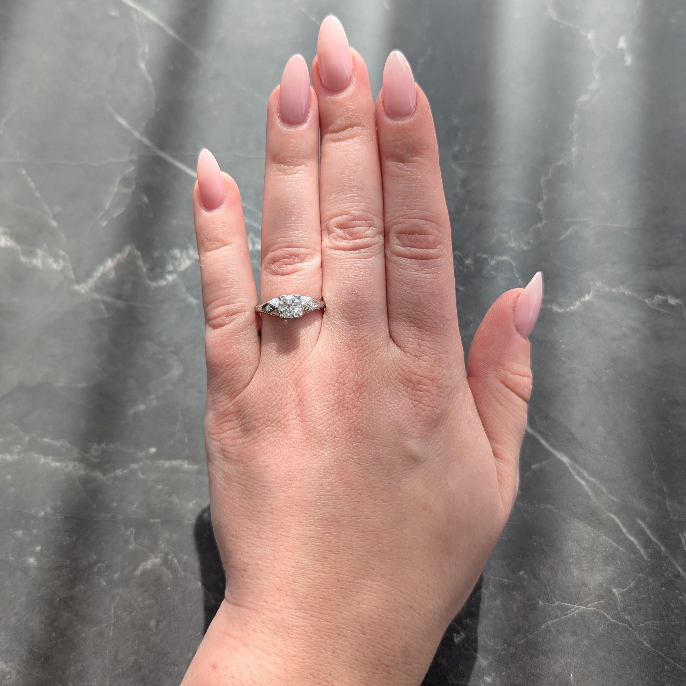 Art Deco 0.88 CTW European Diamond 18K White Gold Vintage Scroll Engagement Ring