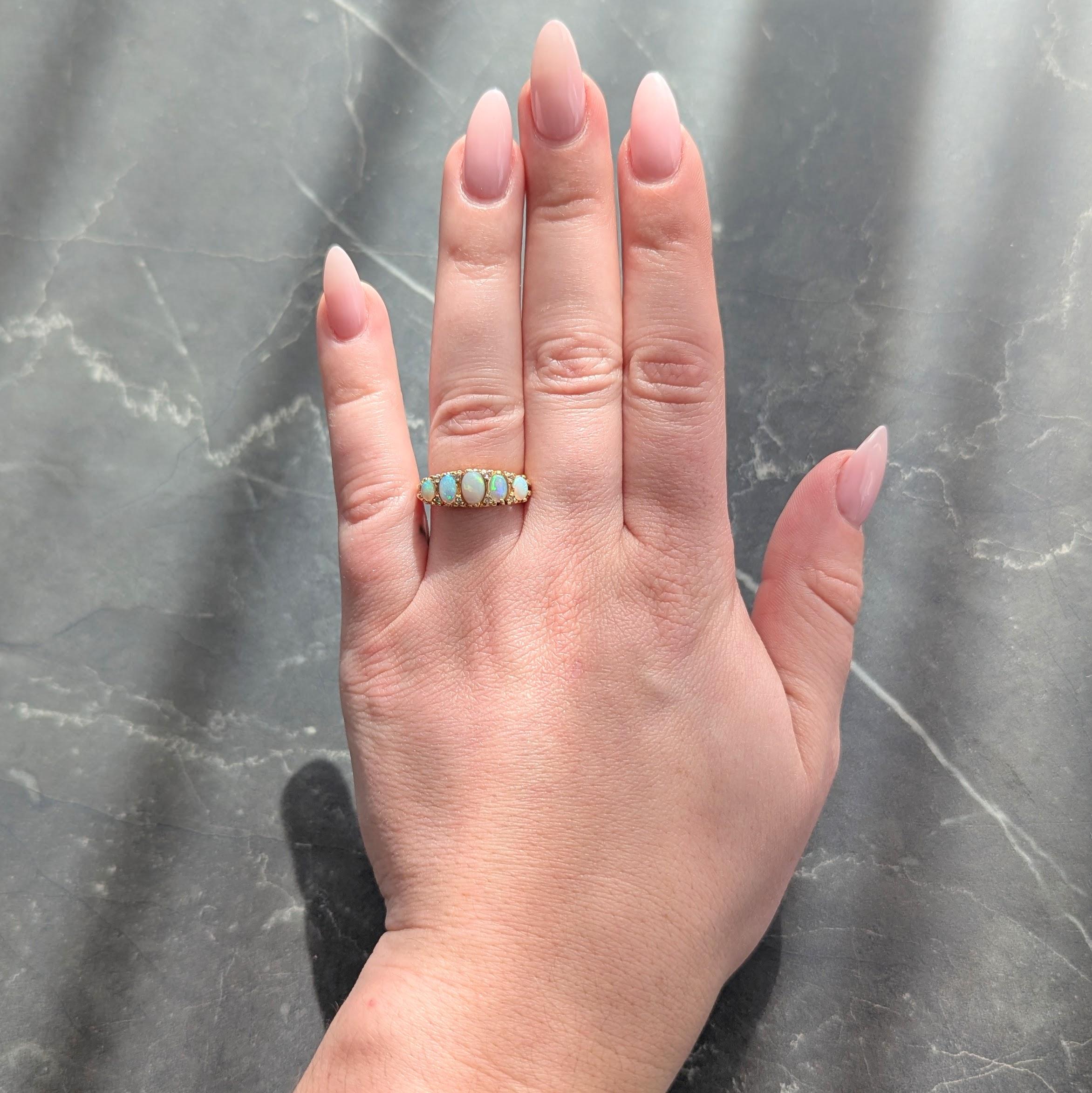 Art Nouveau Opal Diamond 18 Karat Yellow Gold Scrolling Antique Band Ring