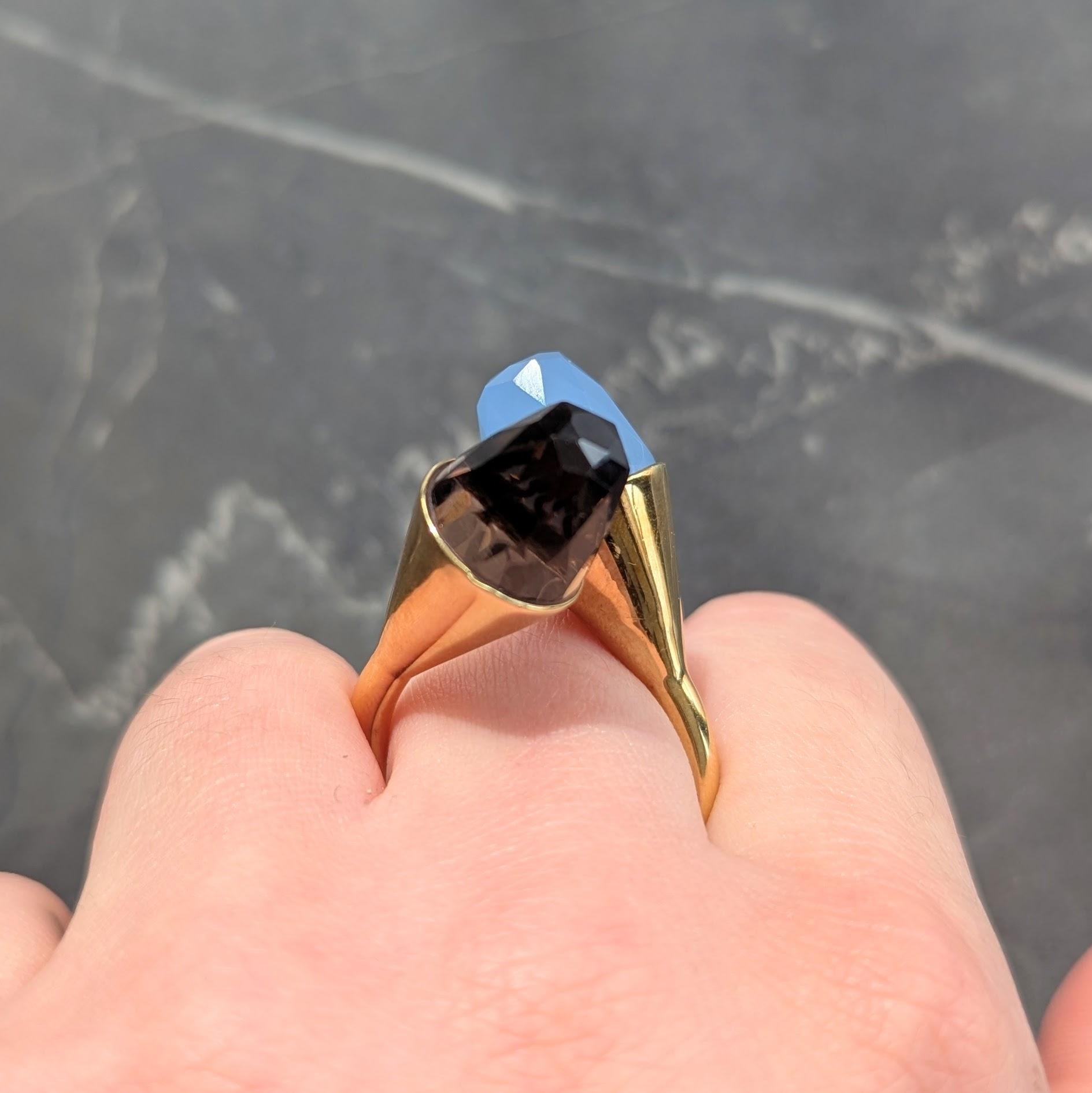 Contemporary Blue Chalcedony Smoky Quartz 18K Yellow Gold Bypass Ring