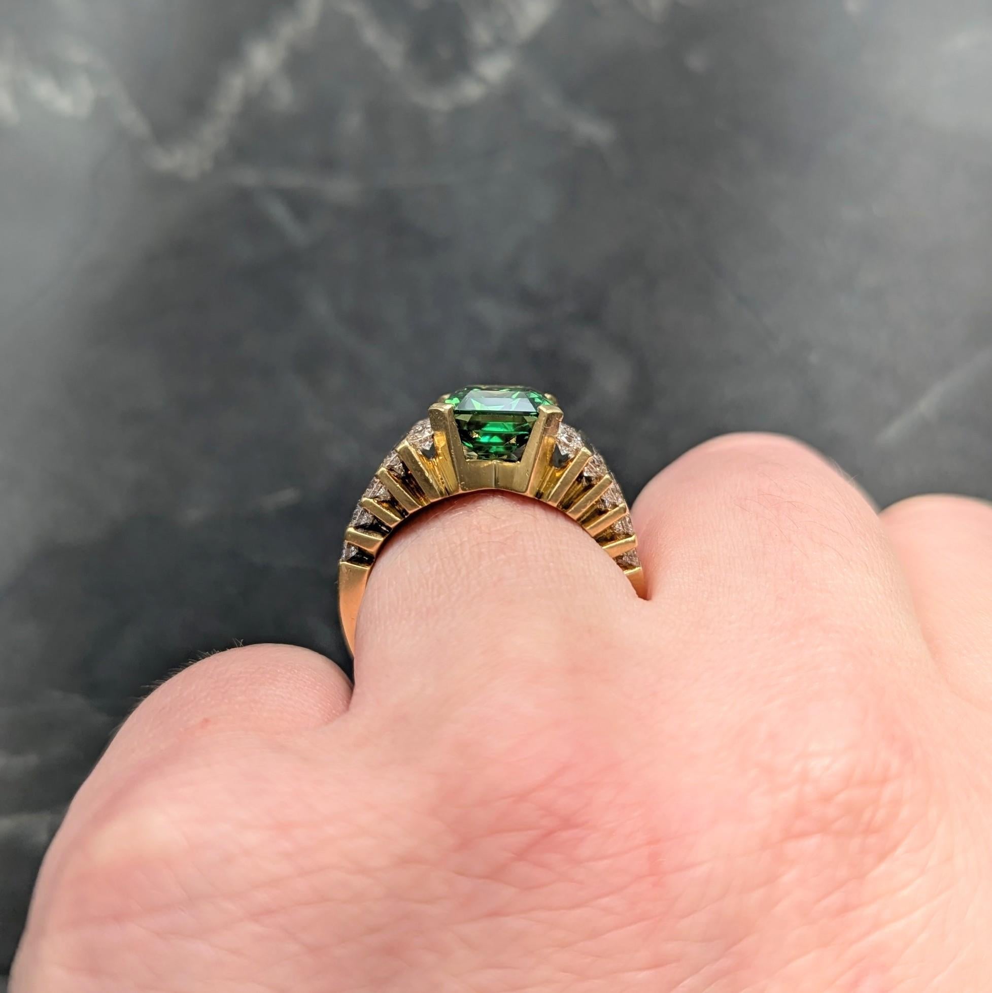 1970's 4.59 CTW Tsavorite Garnet Diamond 18K Yellow Gold Stepped Vintage Ring