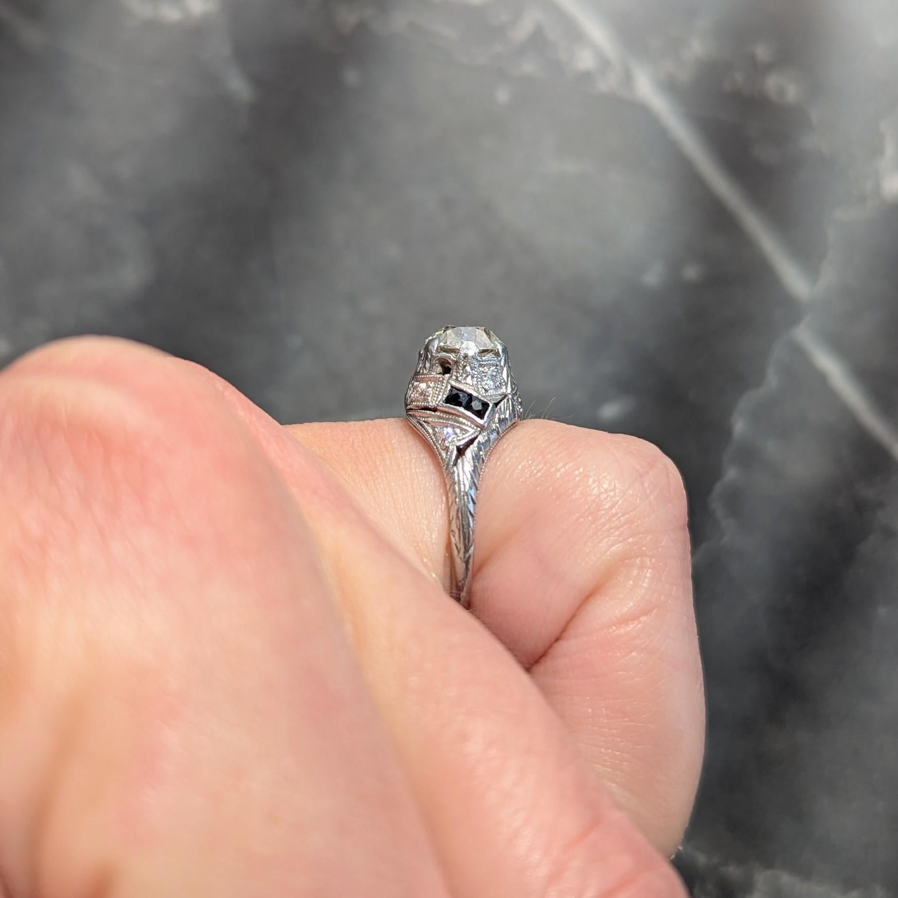 Art Deco 1.24 CTW Old European Diamond Sapphire Platinum Foliate Engagement Ring