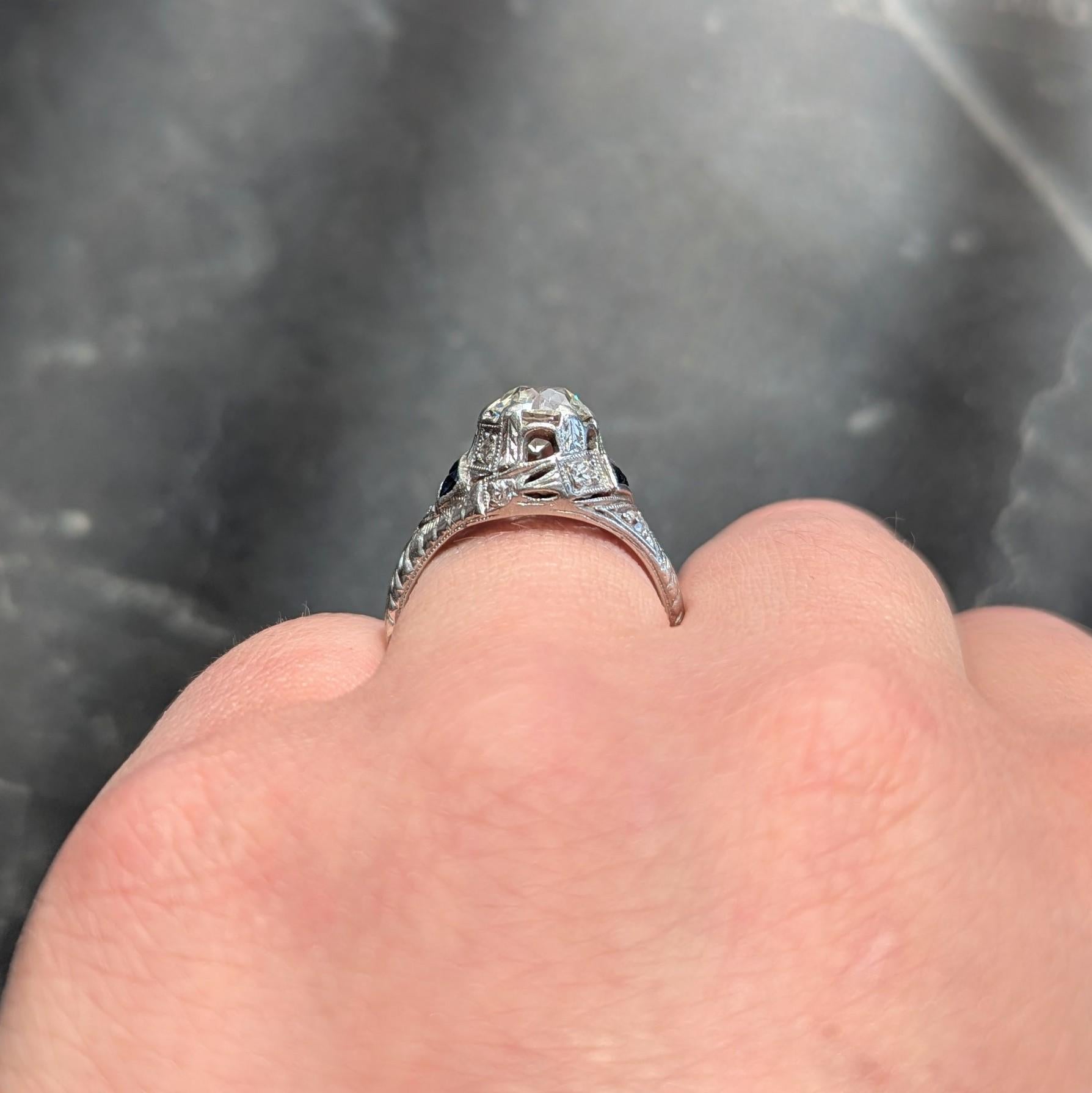 Art Deco 1.24 CTW Old European Diamond Sapphire Platinum Foliate Engagement Ring