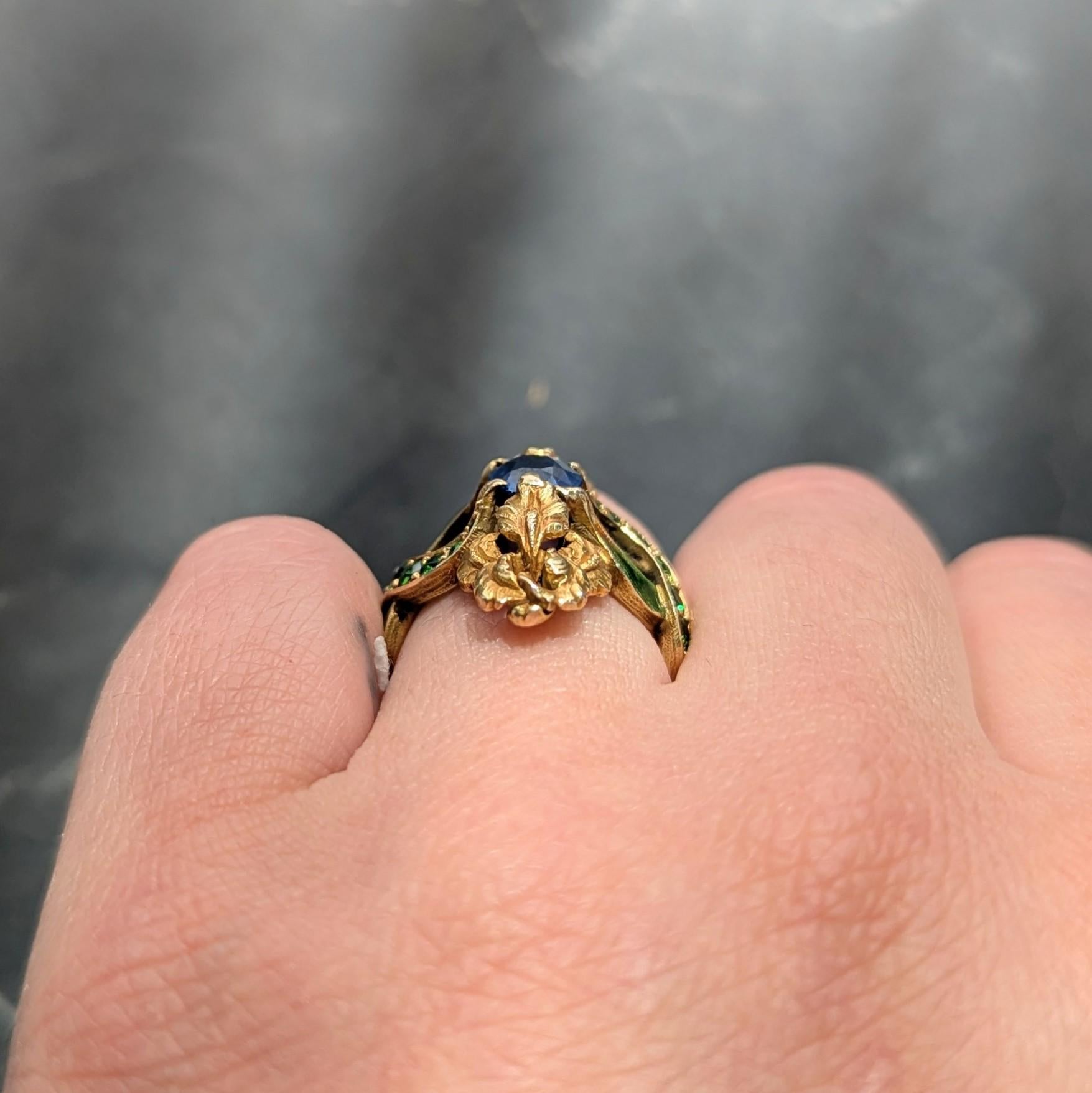 Marcus & Co. Art Nouveau Sapphire Enamel Demantoid 14K Gold Antique Iris Ring