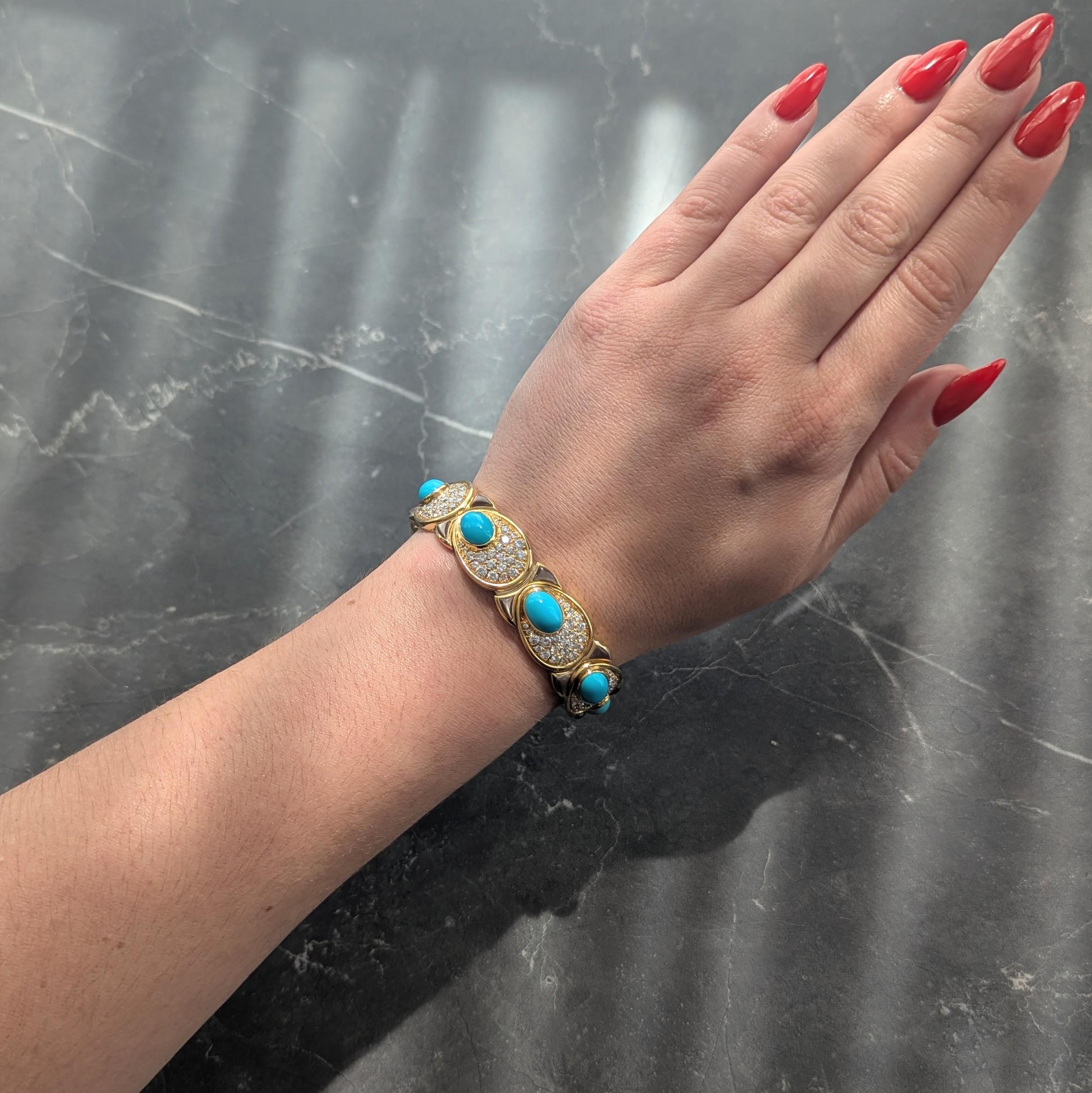 Marina B. 1984 French Diamond Turquoise Abalone 18K Gold Vintage Cuff Bracelet