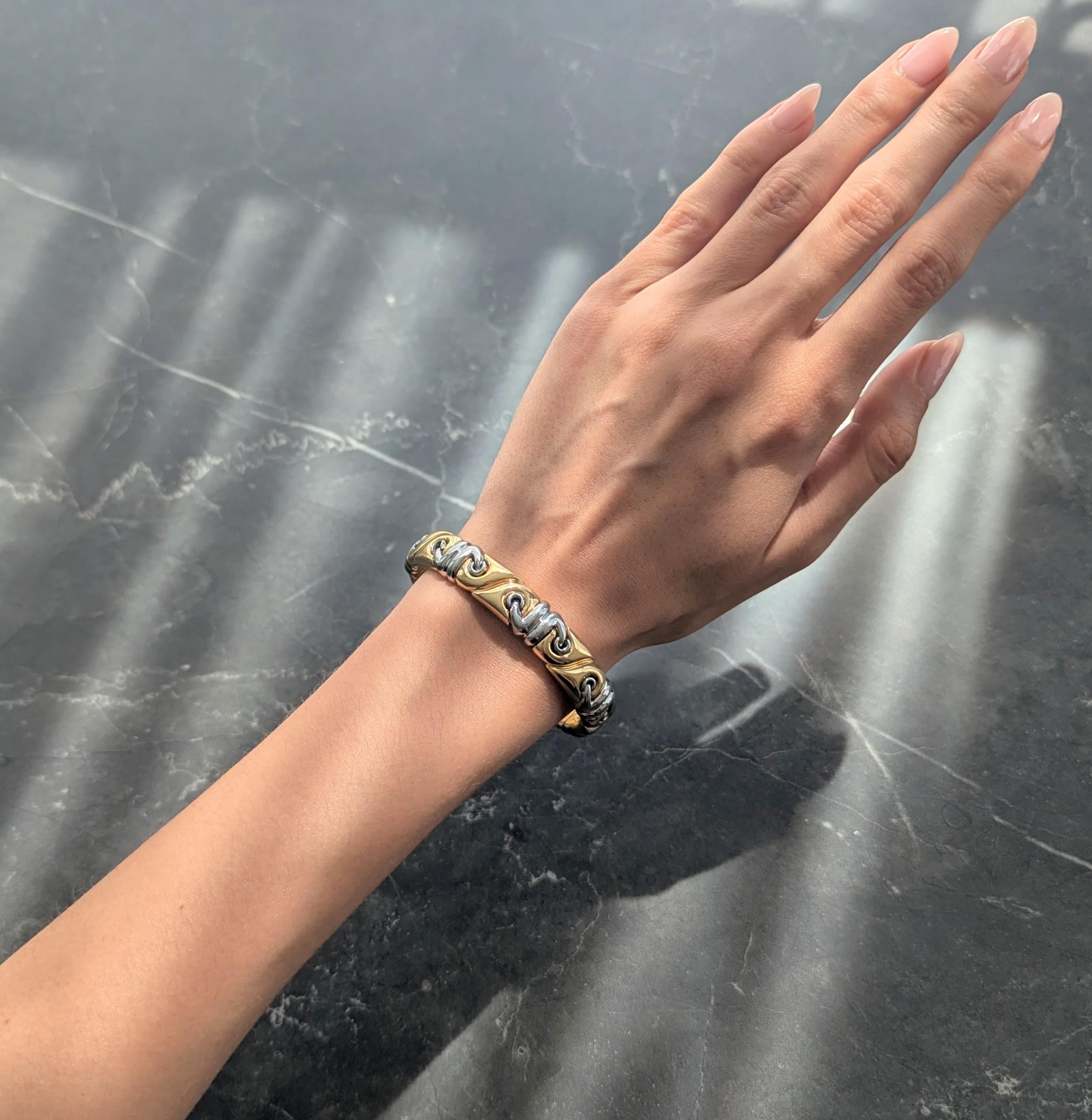 Bulgari 1990's 18 Karat Yellow Gold Stainless Steel Vintage Saetta Cuff Bracelet