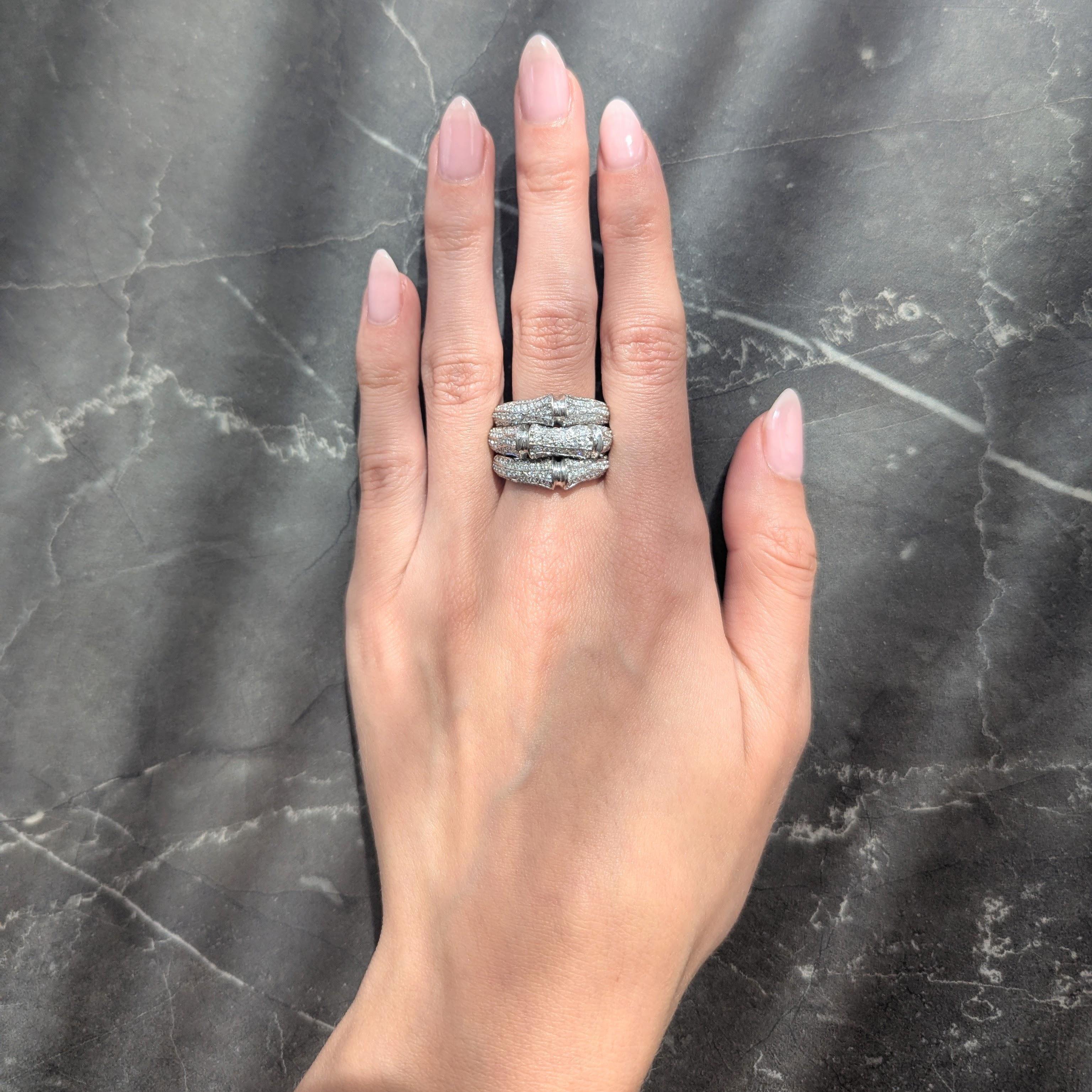 Cartier French 2000's Diamond 18 Karat White Gold Bamboo Wide Band Ring