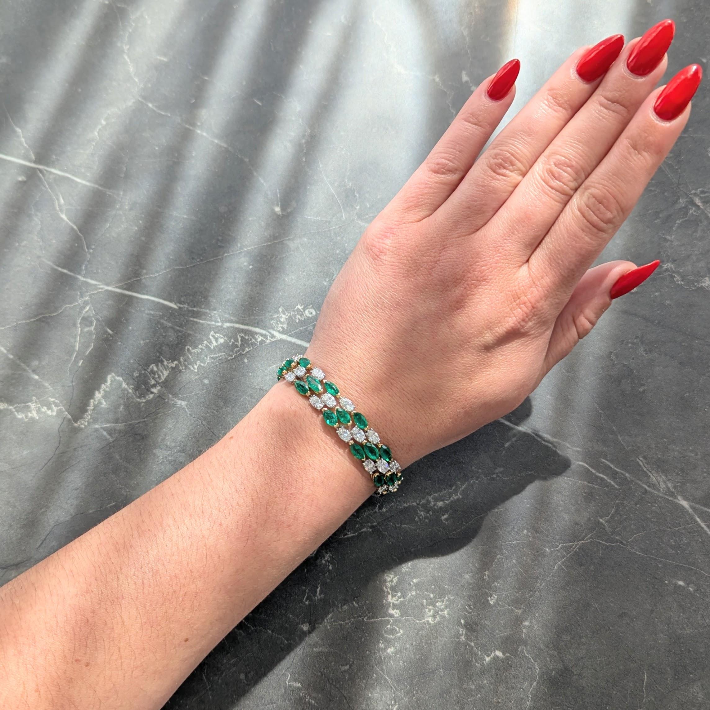 Oscar Heyman 1990's Emerald Diamond Platinum 18K Gold Vintage Stripe Bracelet