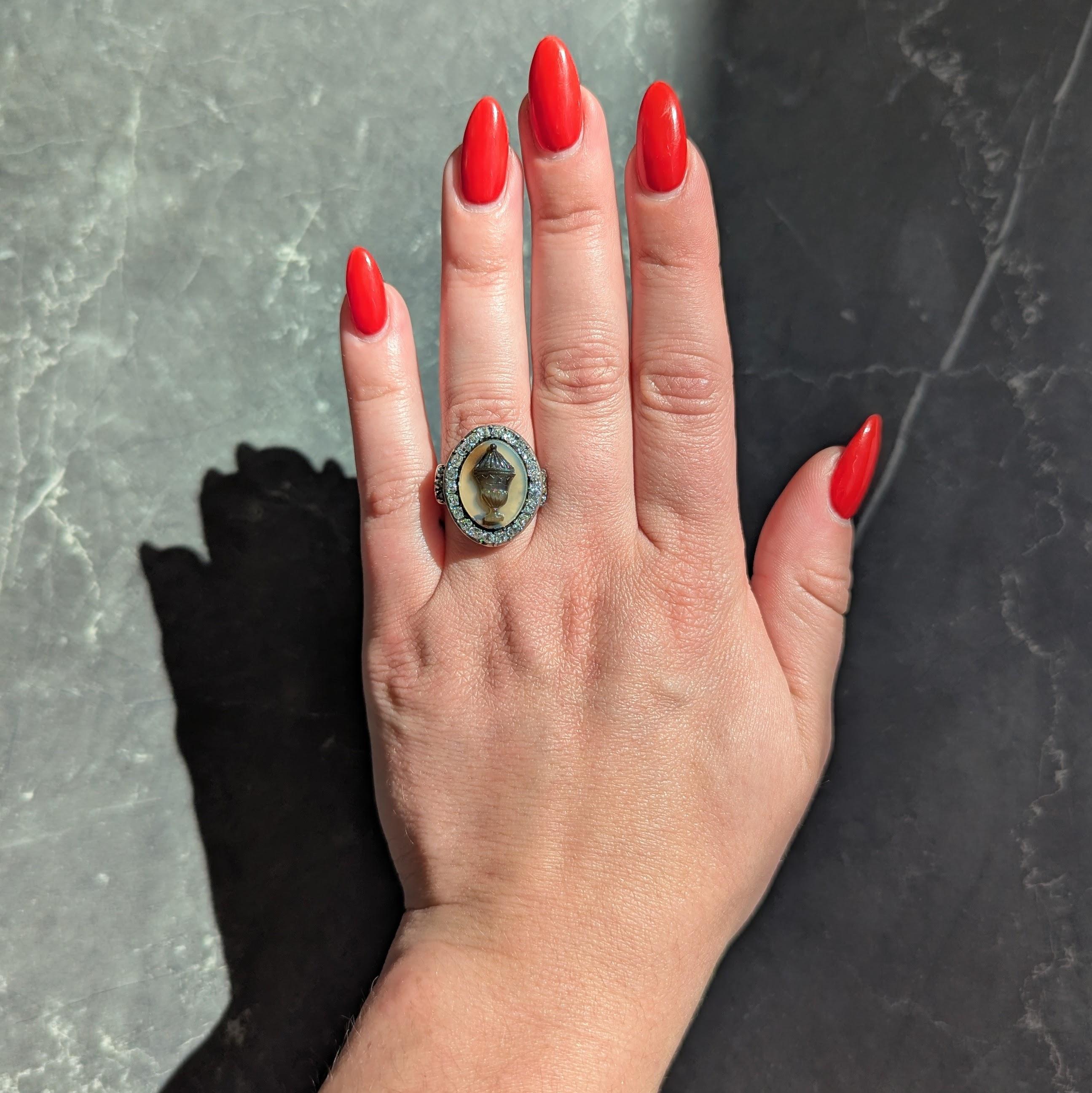 Georgian Diamond Agate 18K Yellow Gold Silver Antique Urn Cameo Mourning Ring