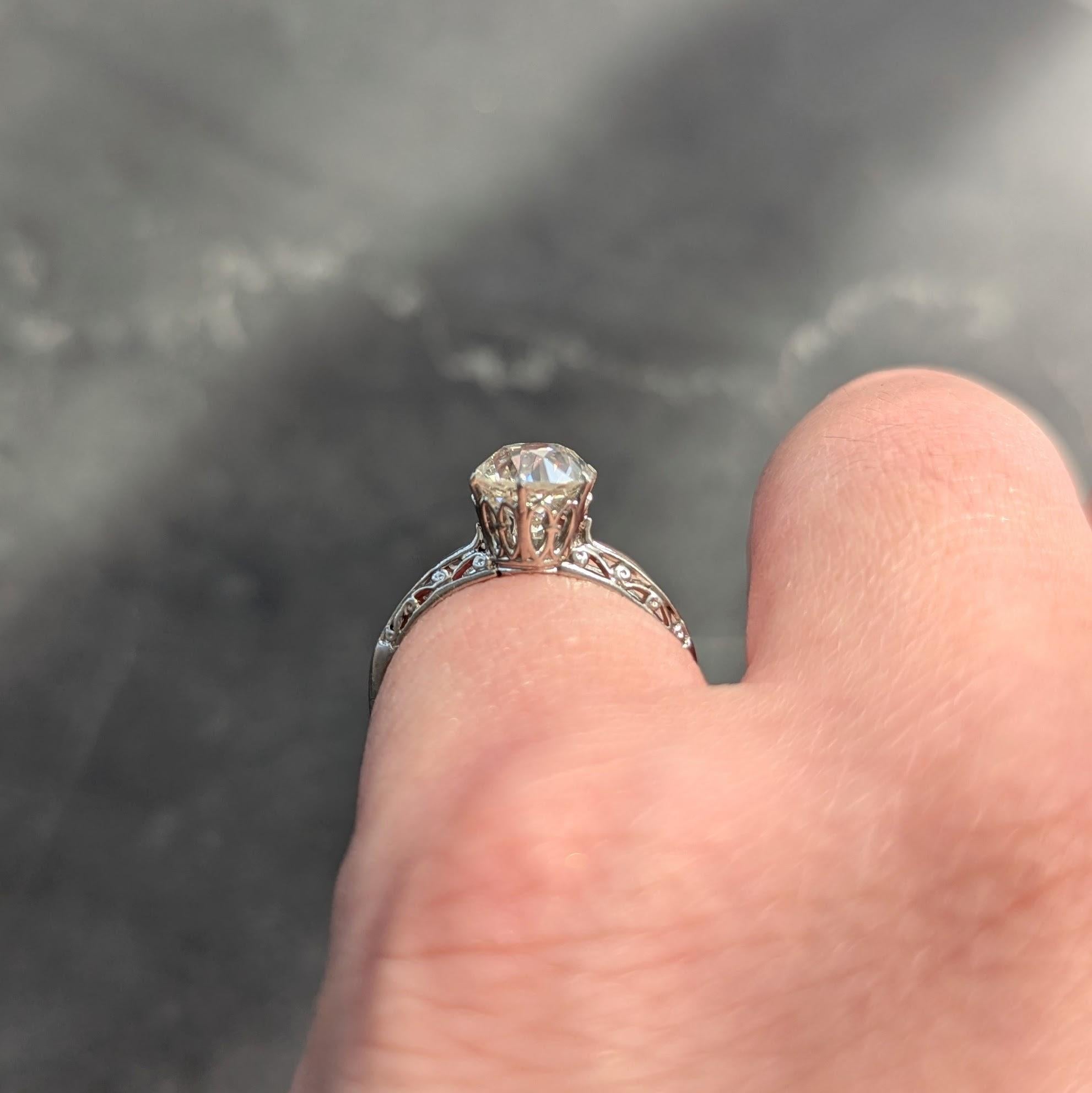 Art Deco 1.39 CTW Old Mine Cut Diamond Platinum Scroll Solitaire Engagement Ring