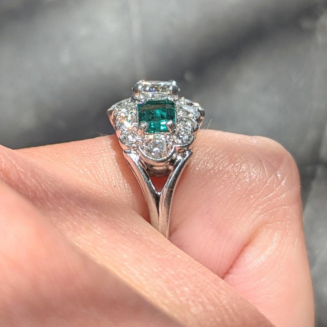 Mid-Century 4.13 CTW Diamond Emerald Platinum Vintage Cluster Ring