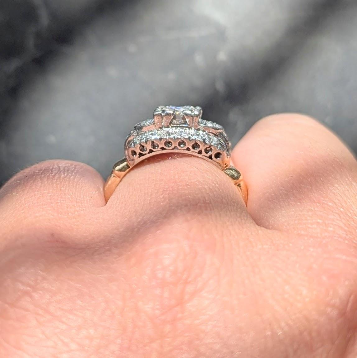 Retro European Diamond 18K Yellow Gold Platinum Vintage Fishtail Engagement Ring