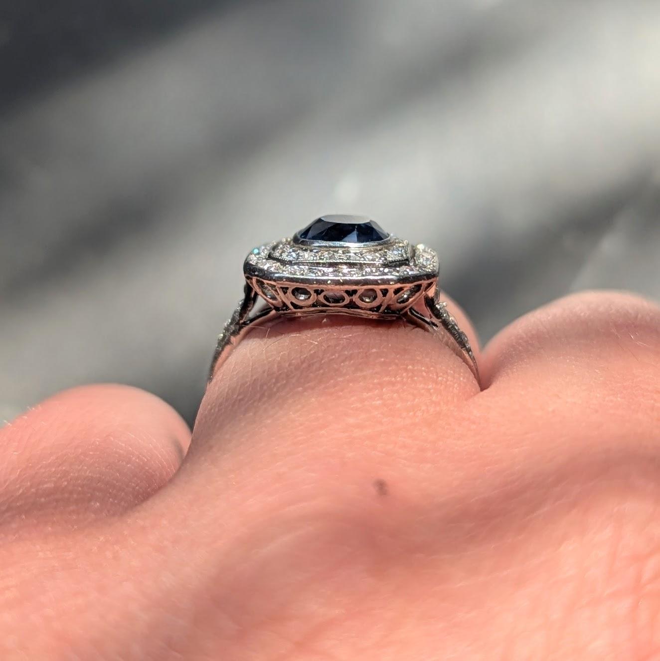 Art Deco 2.50 CTW Sapphire Diamond Platinum Vintage Double Halo Dinner Ring