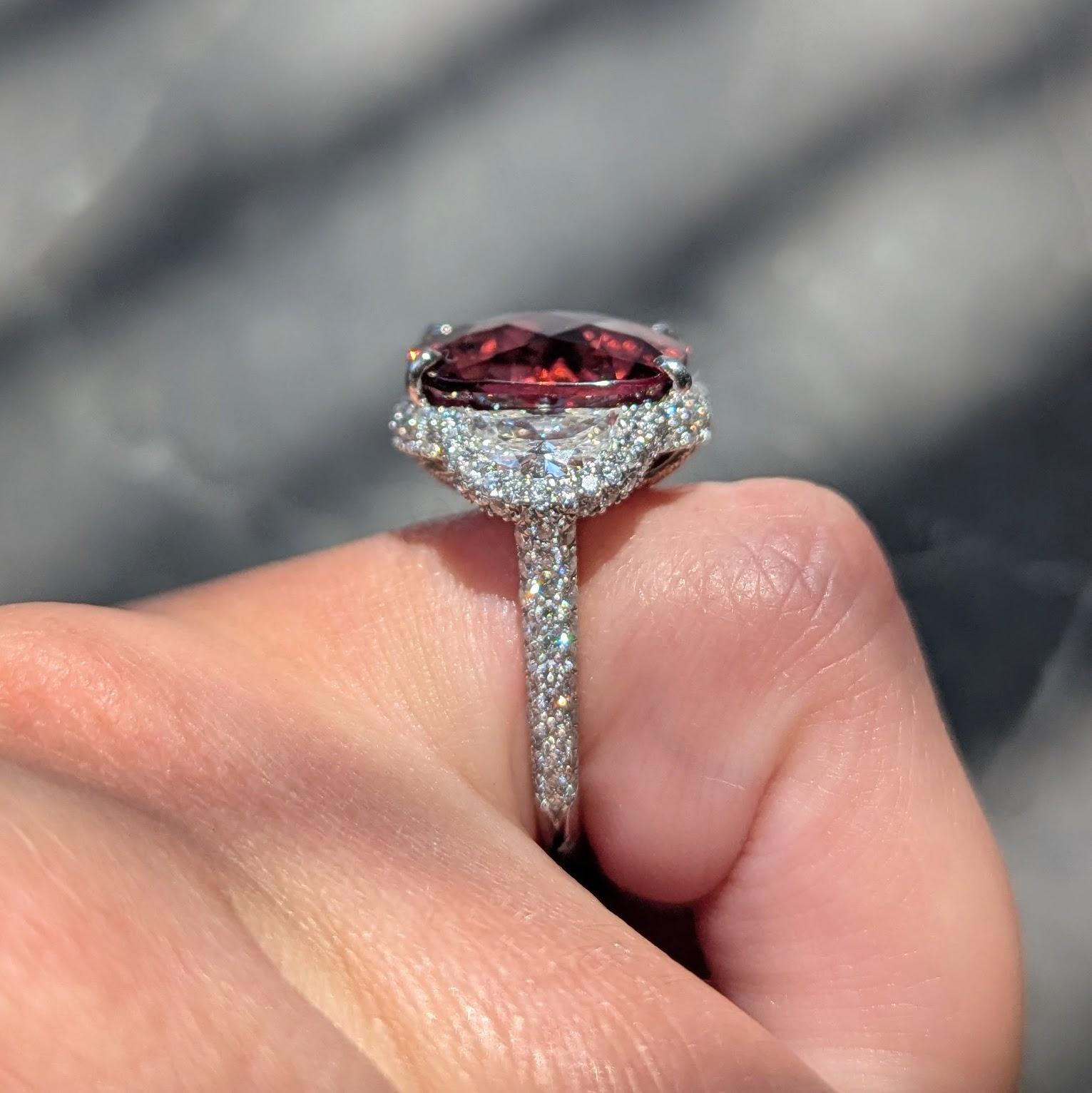 Diamond Rubellite Tourmaline Platinum Contemporary Three Stone Halo Ring