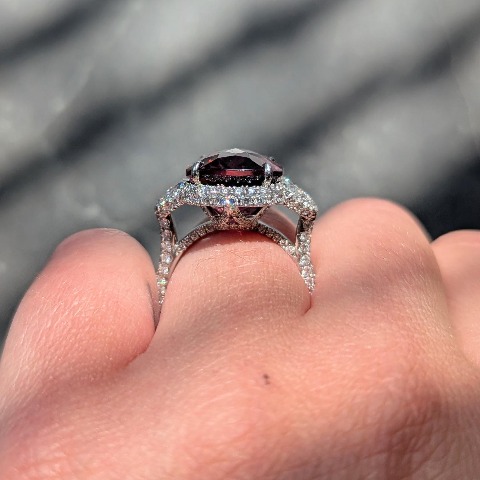Diamond Rubellite Tourmaline Platinum Contemporary Three Stone Halo Ring