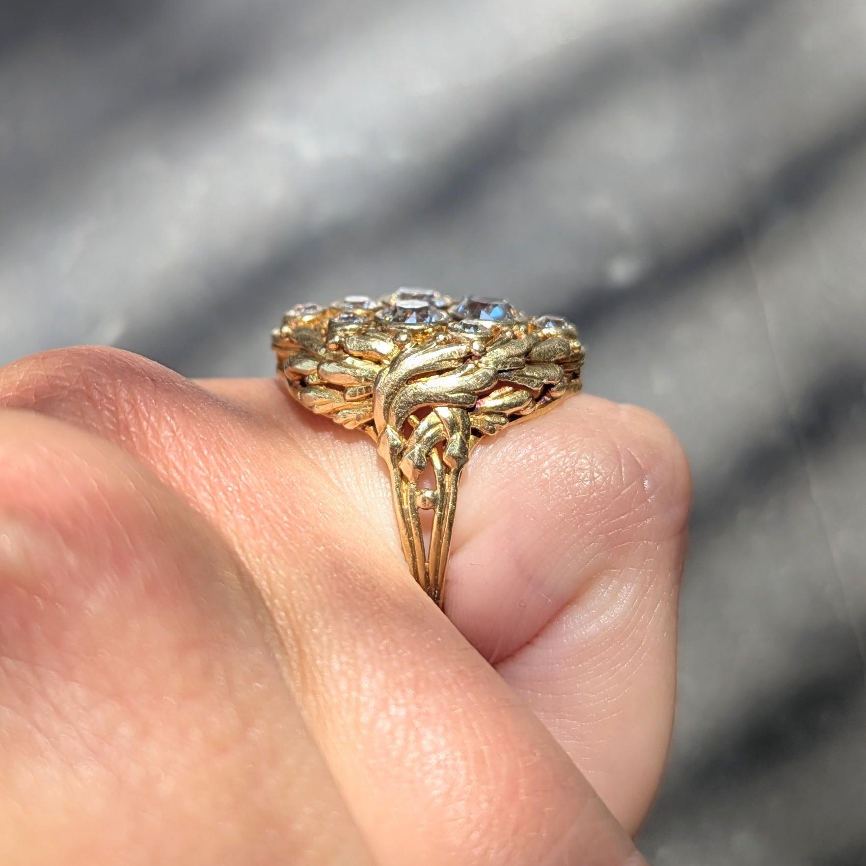 Art Nouveau 2.34 CTW Diamond 18 Karat Yellow Gold Antique Nest Cluster Ring