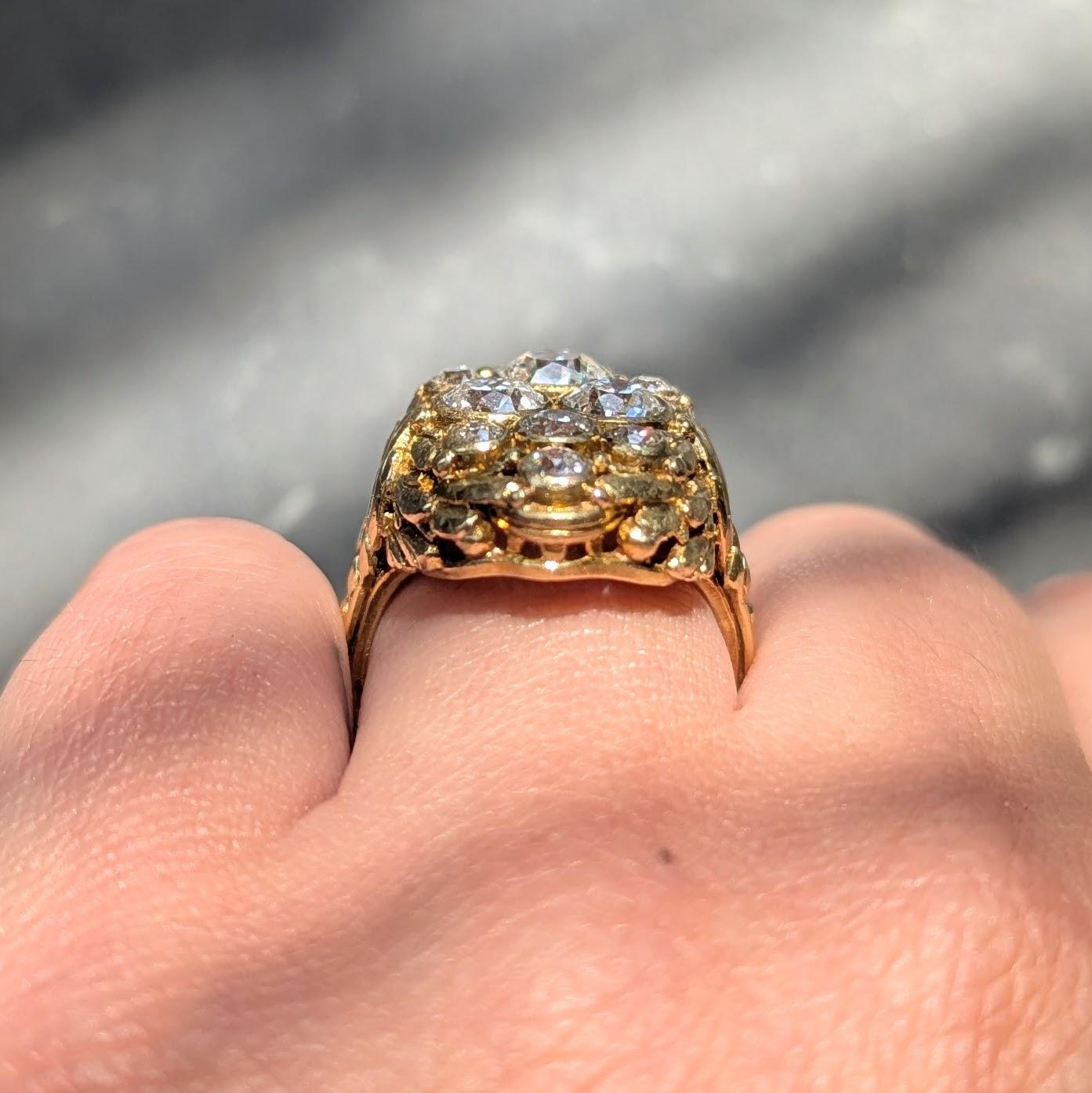 Art Nouveau 2.34 CTW Diamond 18 Karat Yellow Gold Antique Nest Cluster Ring