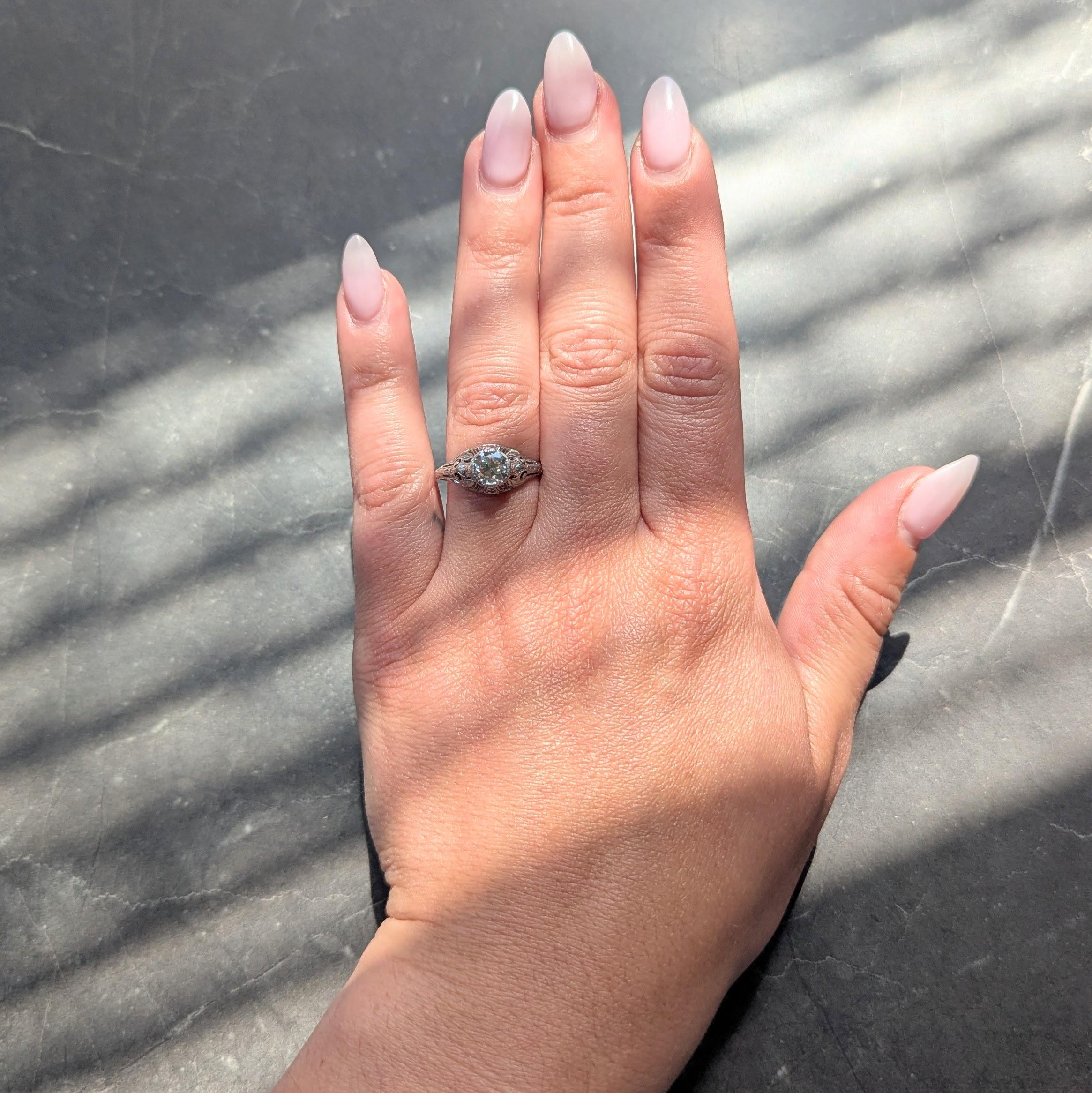 Art Deco Old European Diamond Platinum Vintage Scrolling Wheat Engagement Ring