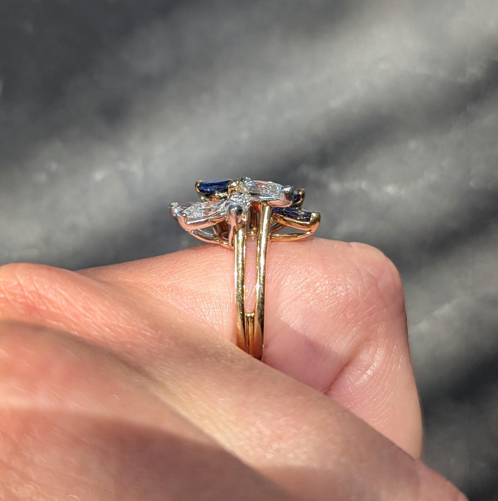 1980's Sapphire Diamond 18 Karat Yellow Gold Platinum Vintage Cluster Ring