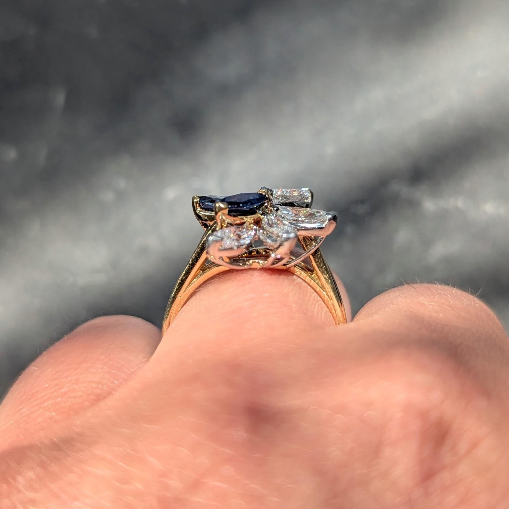 1980's Sapphire Diamond 18 Karat Yellow Gold Platinum Vintage Cluster Ring