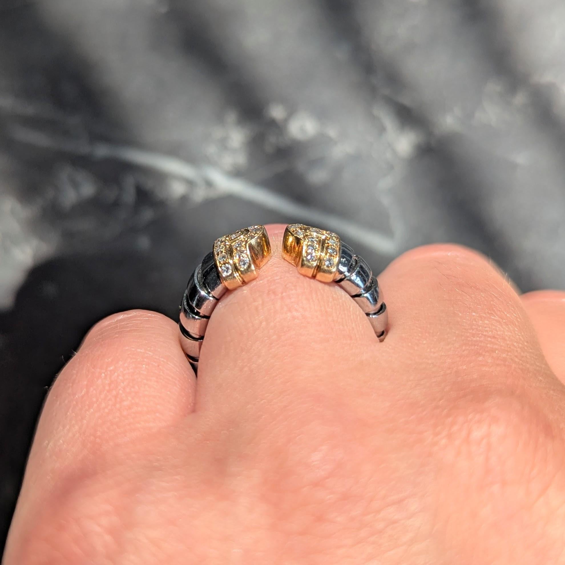 Bulgari 1990's Diamond 18K Gold Steel Vintage Parentesi Tubogas Omega Cuff Ring