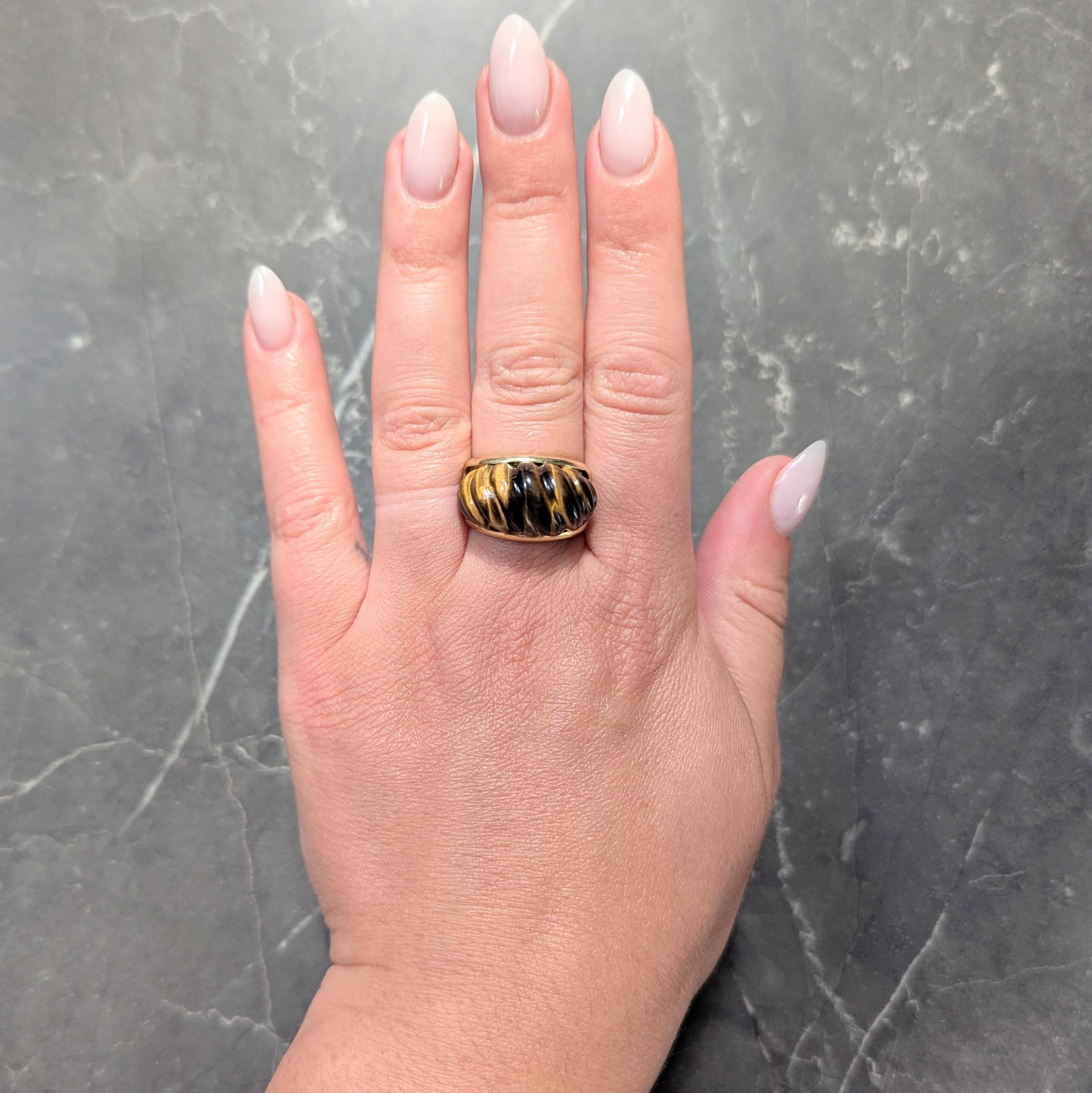 Tiffany & Co. 1970's Tiger's Eye Quartz 18K Gold Vintage Fluted Statement Ring