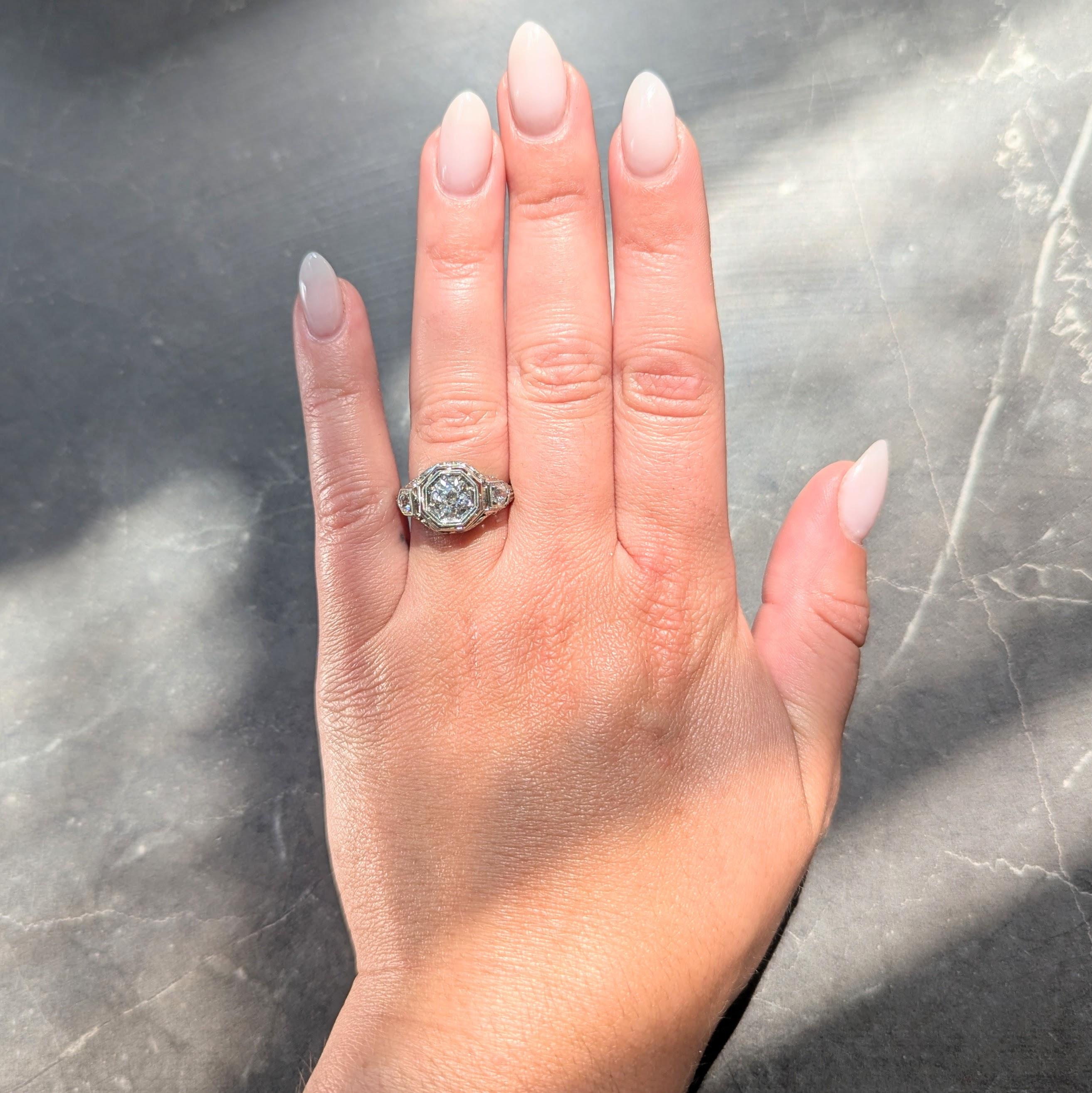 Art Deco Old European Diamond 18 Karat White Gold Vintage Engagement Ring GIA