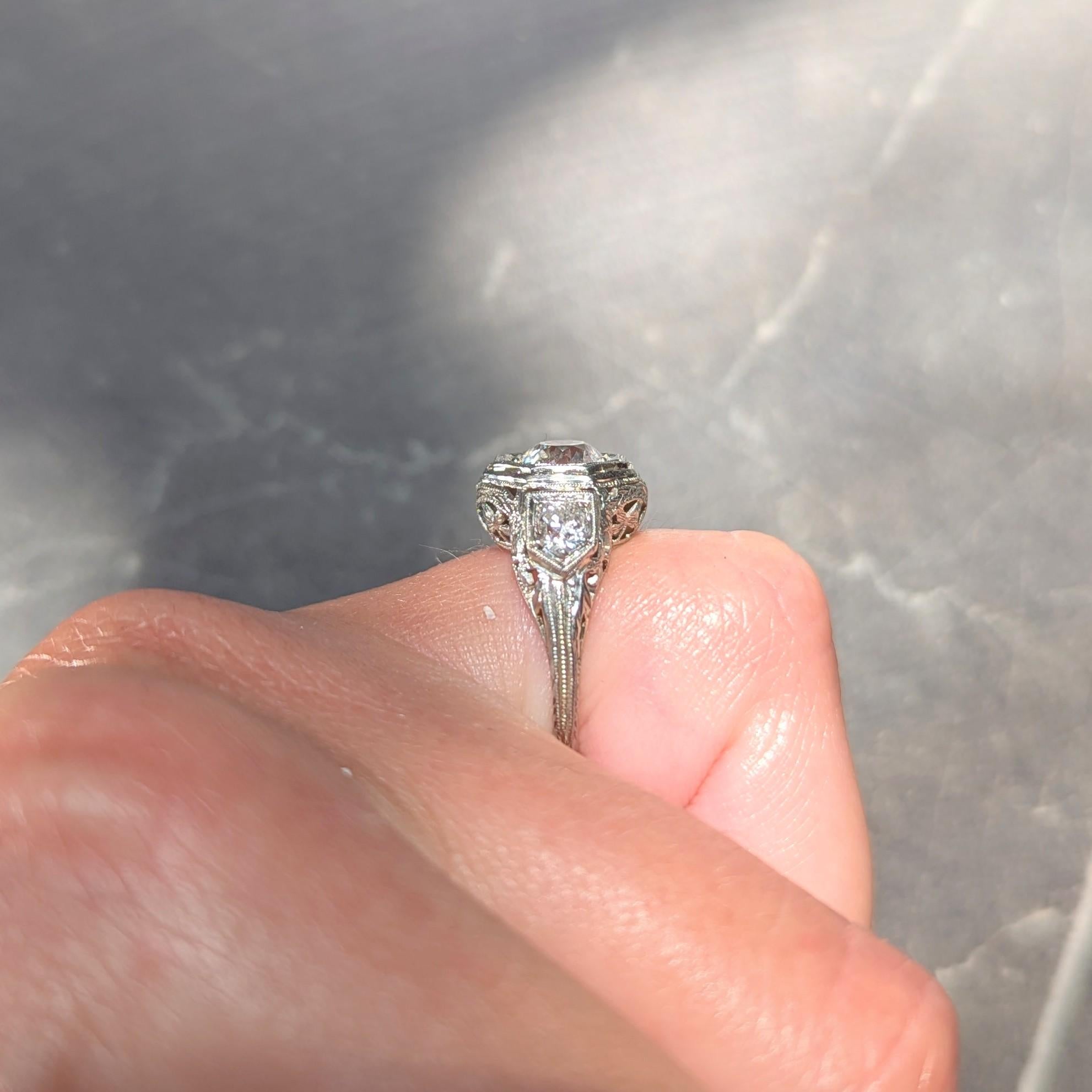 Art Deco Old European Diamond 18 Karat White Gold Vintage Engagement Ring GIA