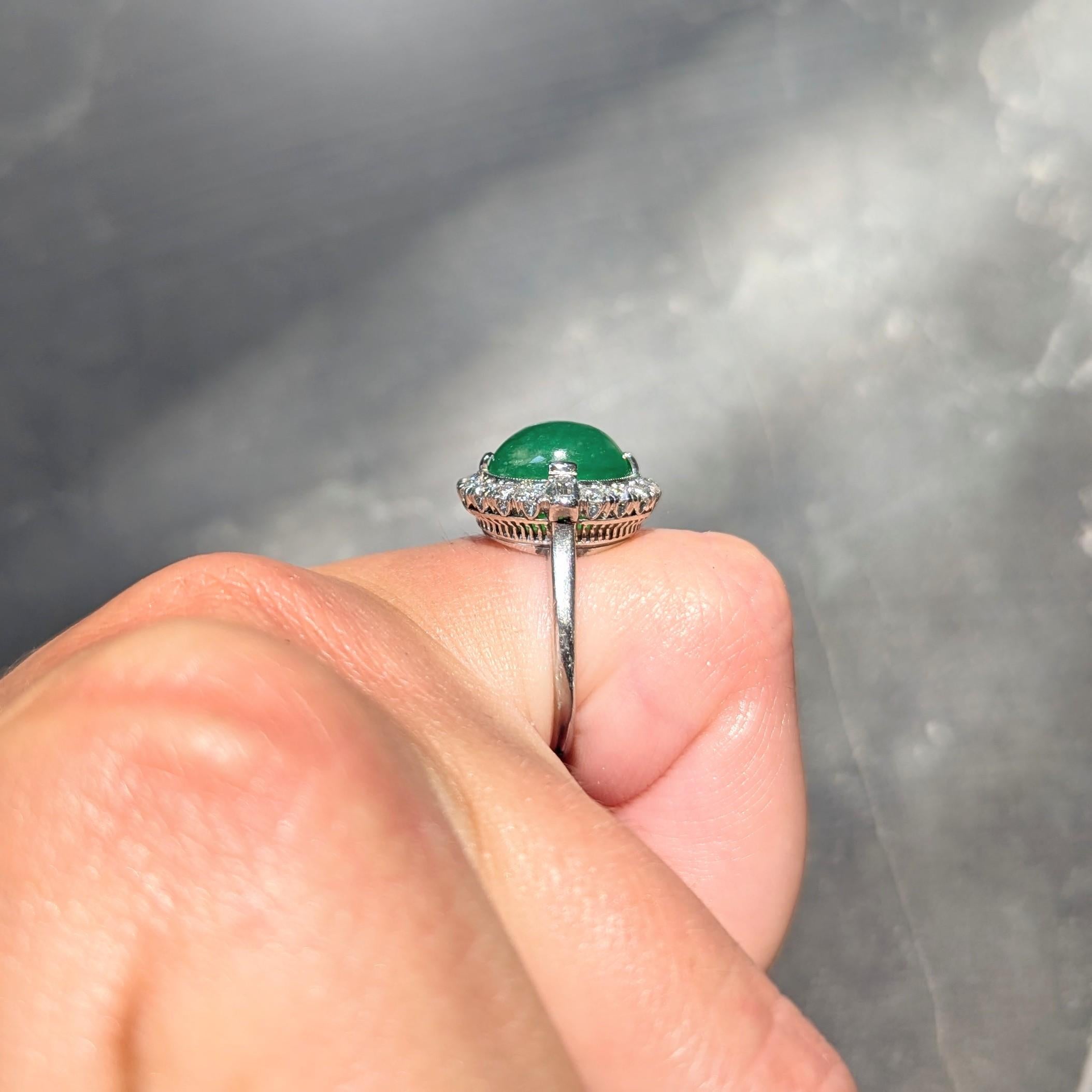 Mid-Century Jade Diamond Platinum Vintage Halo Cocktail Ring