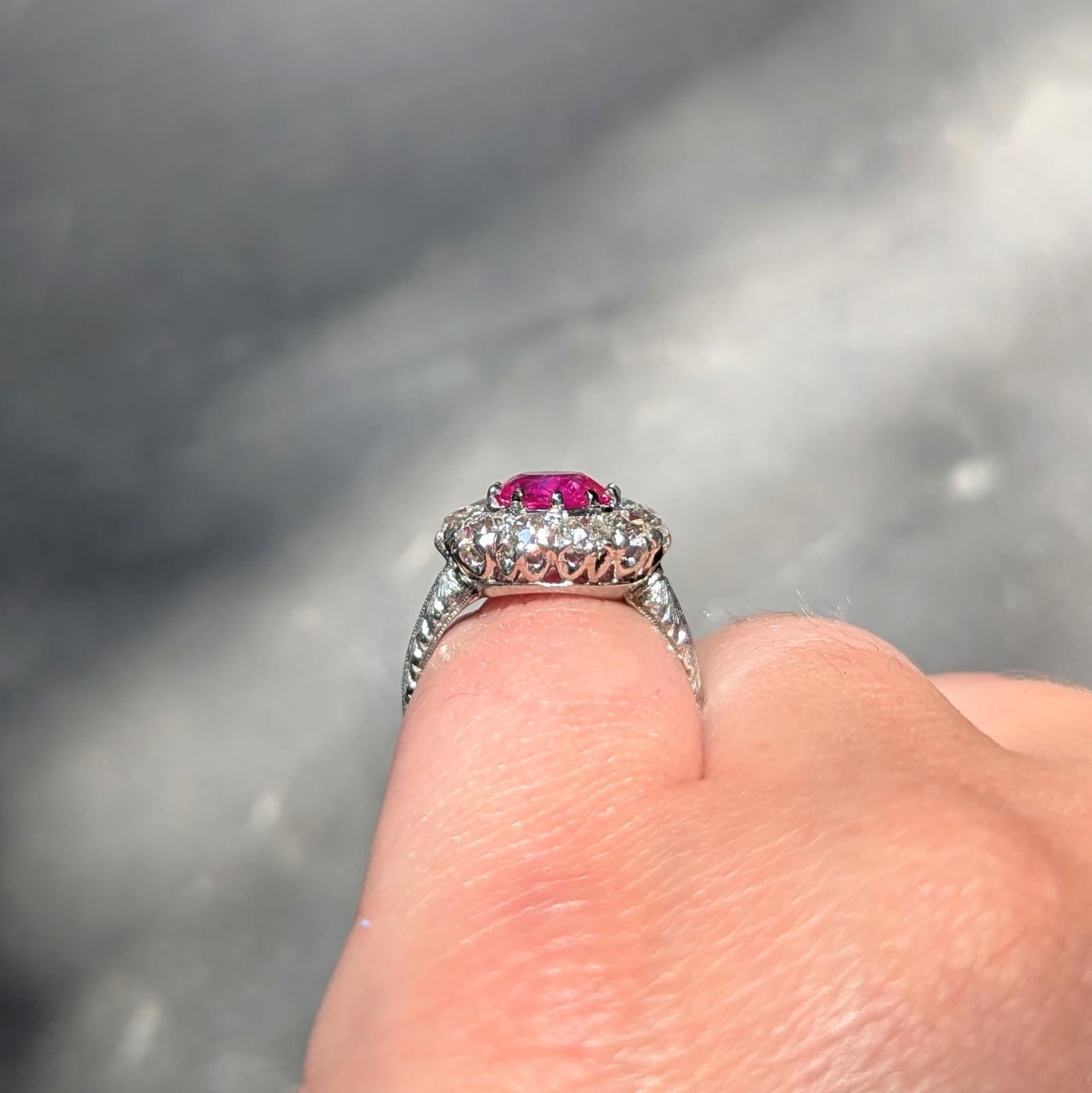 Edwardian 3.47 CTW No Heat Burma Ruby Diamond Platinum Antique Fanning Halo Ring