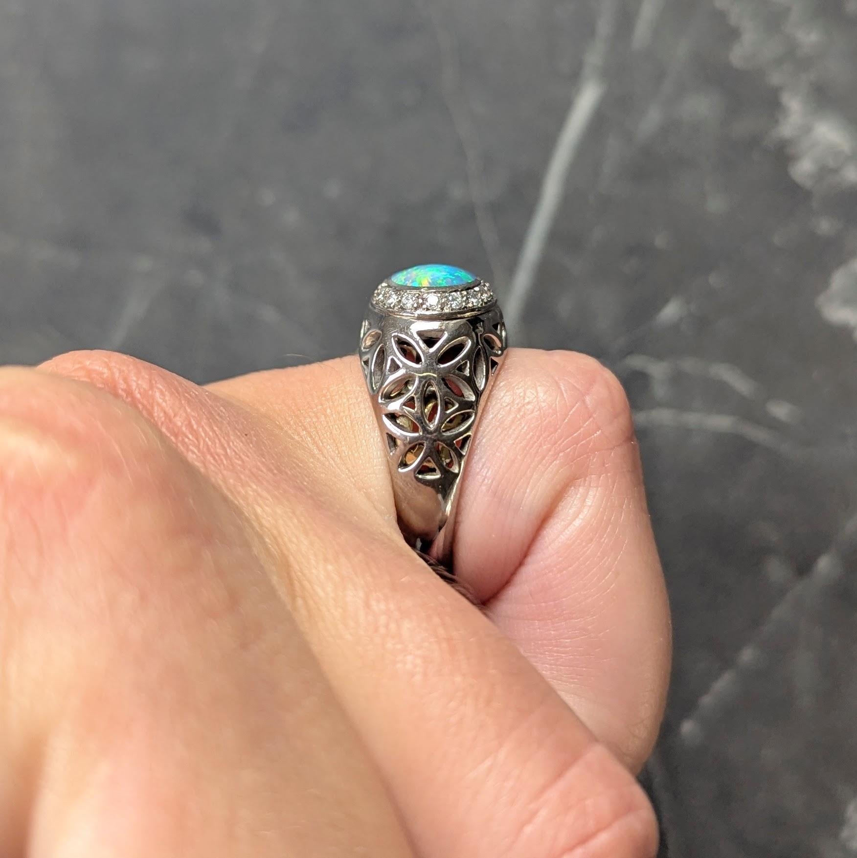 B & H 2000's Opal Diamond 18 Karat Two-Tone Gold Contemporary Foliate Halo Ring